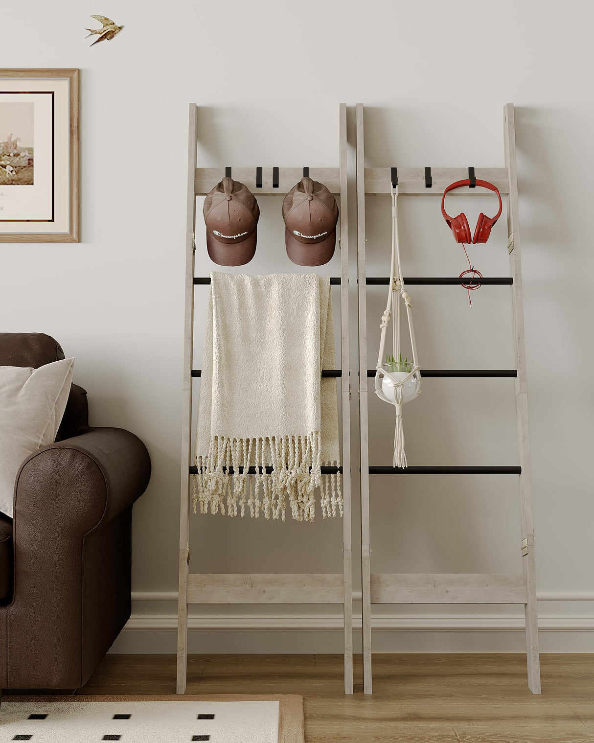 Hzuaneri Blanket Ladder Shelf for Living Room, Decorative Quilt Rack with 4 Removable Hooks, 5-Tier Farmhouse Ladder Holder Organizer for Bedroom, Greige and Black BR02105B Hzuaneri