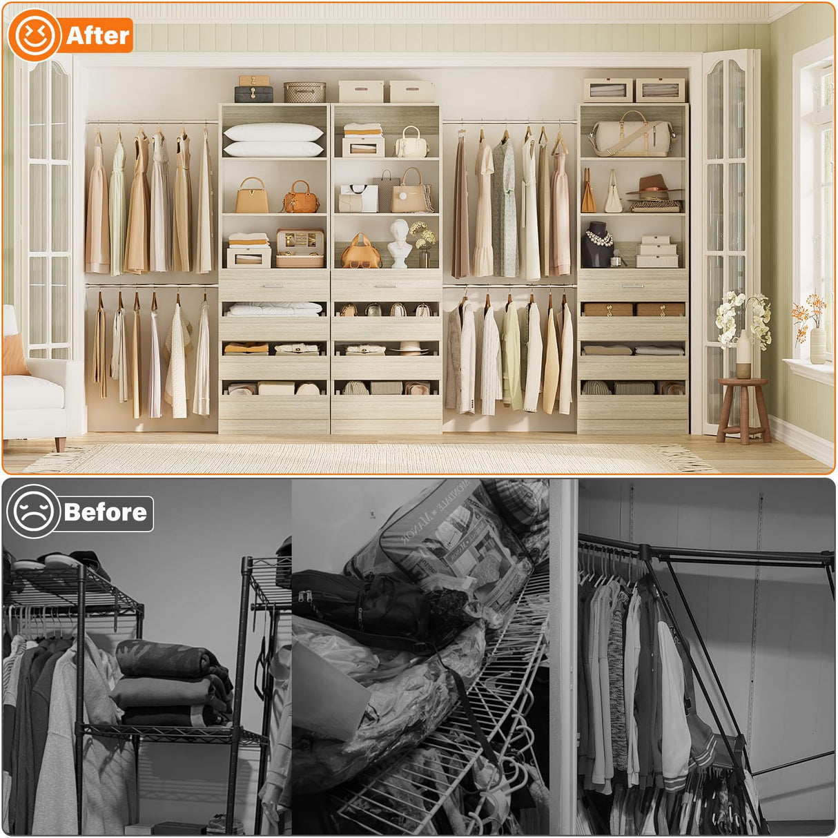 Aheaplus Closet System with 12 Drawers, 8.5-11.5Ft Wood Closet Organizer System with 4 Hanging Rods & 3 Towers, 4Ft & 6Ft L-Shaped Walk-in Closets Wardrobe Organizer Clothes Rack, Set of 3, White Oak Aheaplus