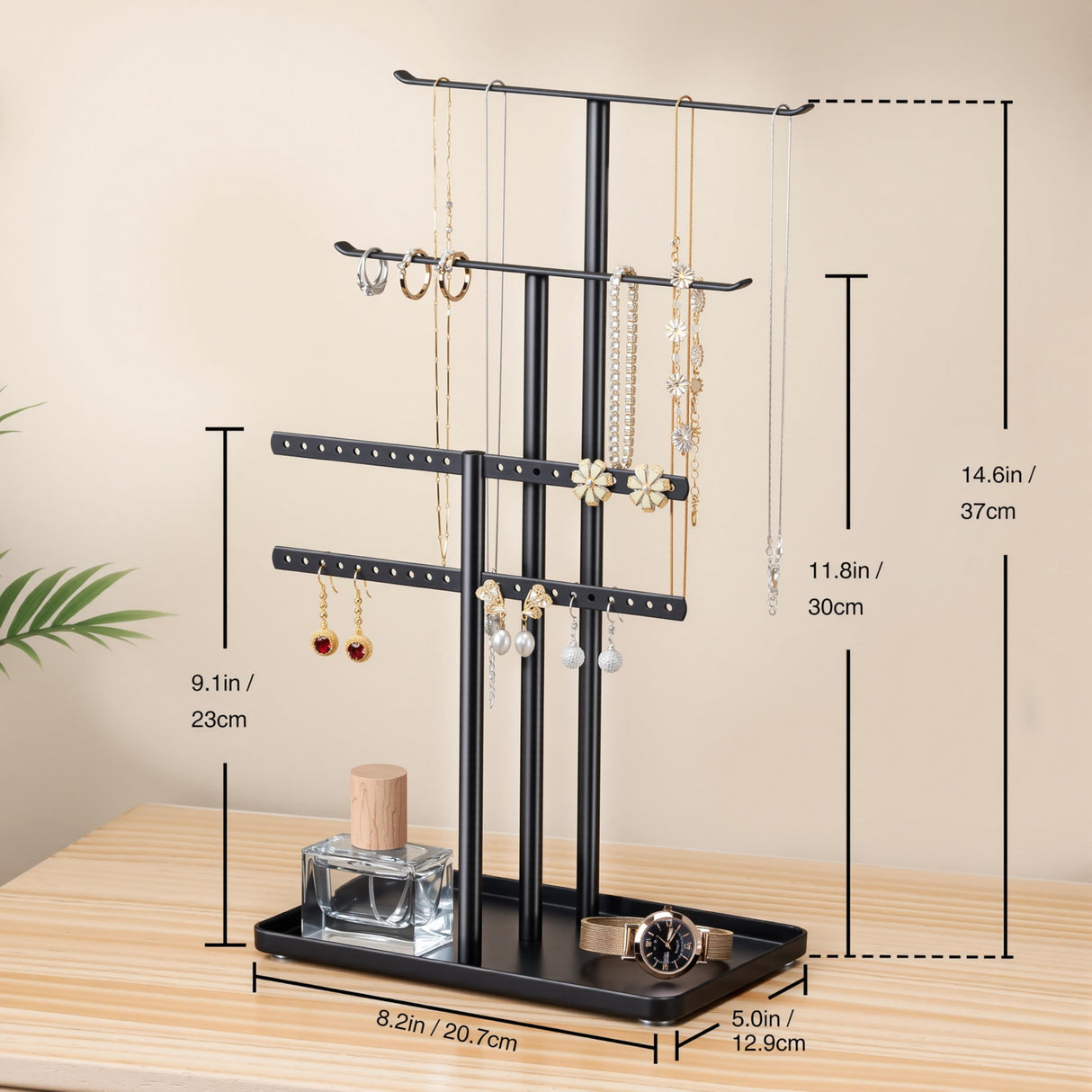 pickpiff Jewelry Stand Organizer, 14.5" Tall Sturdy Metal, 3-Tier Jewelry Holder for Necklace, Earring, Bracelet, Ring, Hanger for Display and Storage, Aesthetic Room Decor, Black pickpiff