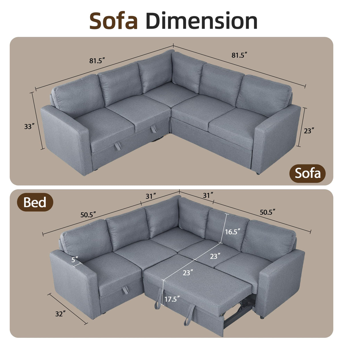 Trygoal 81 Inch Pull Out Sleeper Sofa, Sectional Couches for Living Room, 5-Seater Pull Out Couch with Storage, Convertible Sofa Bed for Small Space, Guest Room, Apartment, Gray Trygoal