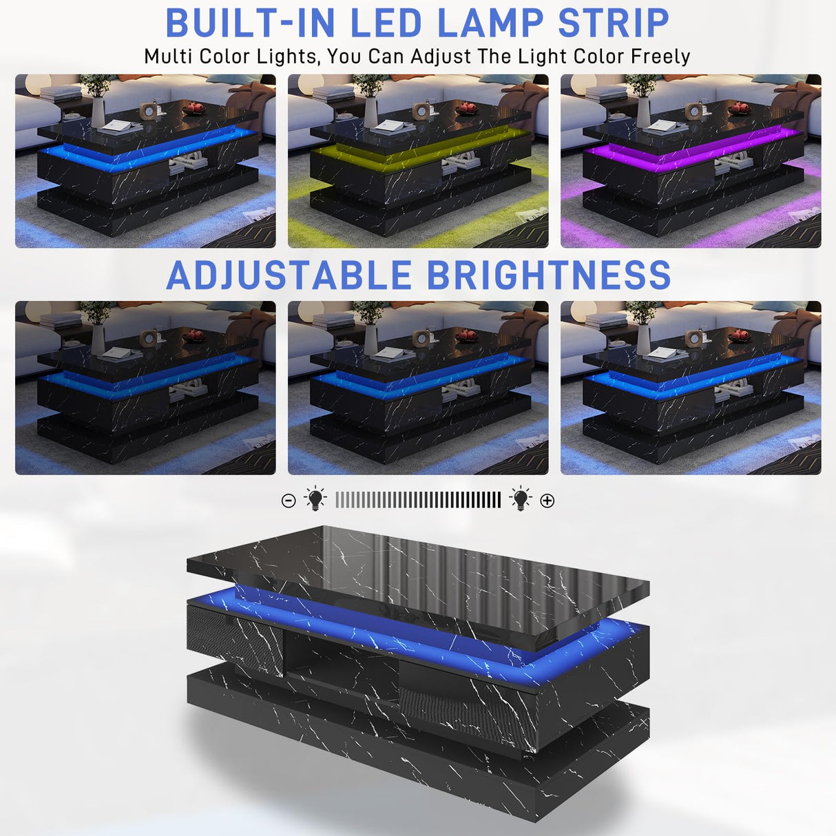 47.2 inch Modern High Glossy LED Coffee Table with 2 Sliding Drawers, Double-Layer Center Tables with LED Lights for Livings Room Furniture, Black chartustriable