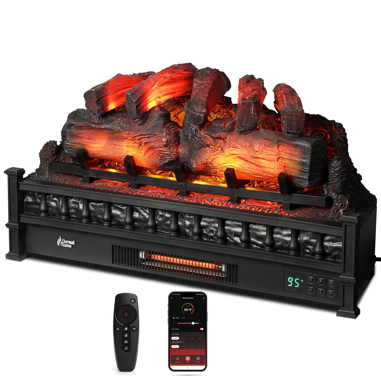 TURBRO Eternal Flame 30 in. WiFi Infrared Quartz Electric Fireplace Log Heater with Sound Crackling, Realistic Pinewood Logs, Adjustable Flame Colors, Remote Control, Thermostat, Timer, EF30-PB, 1500W TURBRO