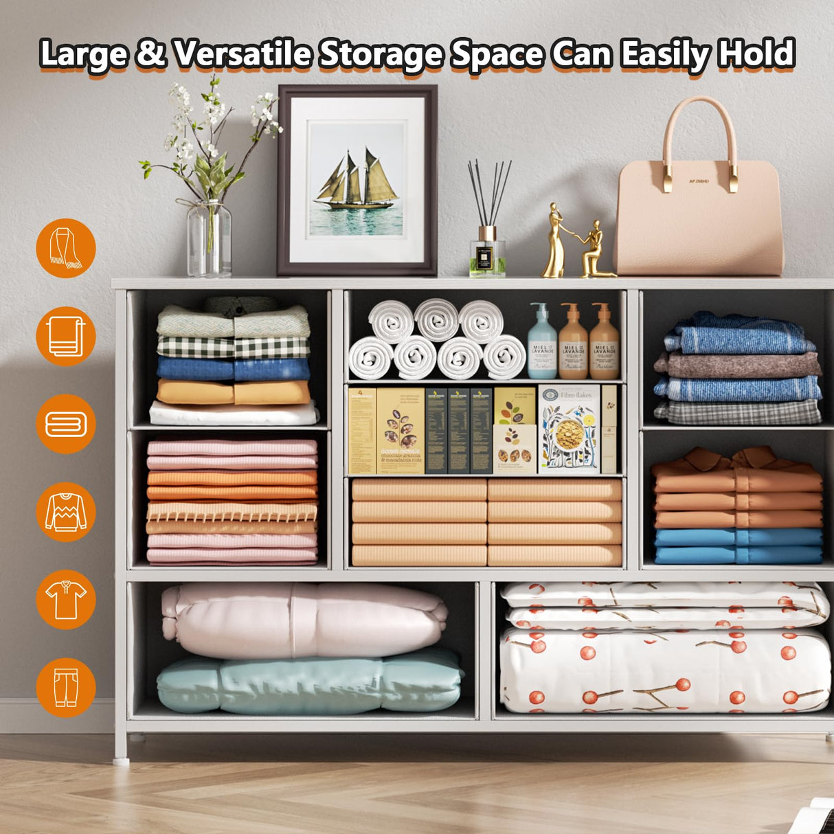 Furnulem White Dresser with 9 Large Drawers for 55'' Long TV Stand Entertainment Center, Wide Wood Shelf Storage for Bedroom,Living Room,Closet,Entryway,Sturdy Metal Frame Furnulem