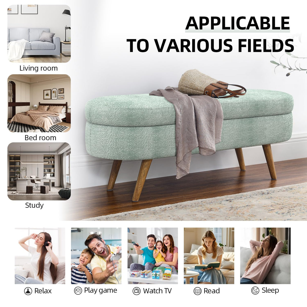 TODRANI Storage Ottoman Bench for Bedroom,43.5" Boucle Upholstered Entryway Shoe Seat Bench with Storage, Modern Padded Blanket Chest Stool Footrest for Living Room or Window Seating(Cyan) TODRANI