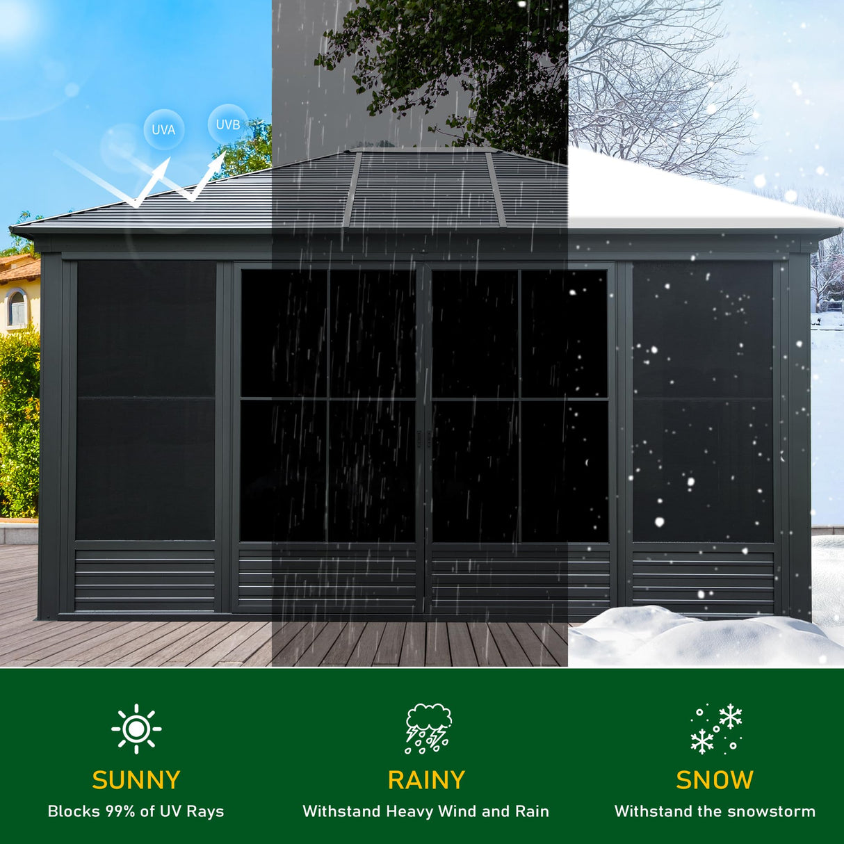 Domi 12x15FT Outdoor Sunroom, All-Season Solarium Gazebo with Galvanized Steel Roof, 4 Sliding Doors, Detachable PVC Screen, Aluminum Permanent Sun Room for Patio Deck Garden domi outdoor living