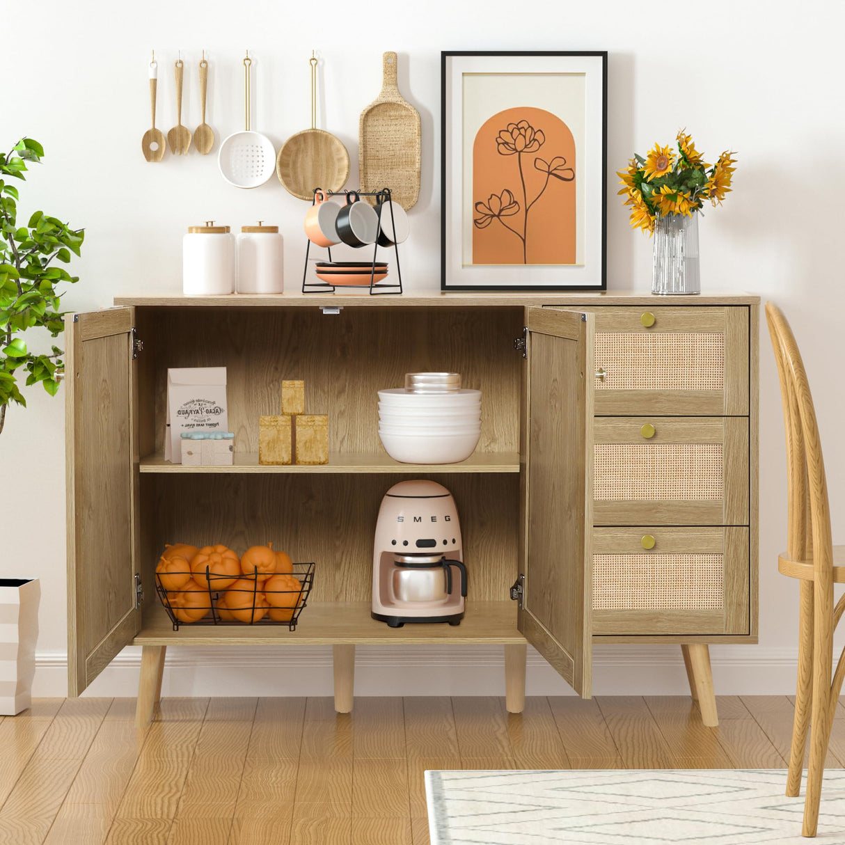 Anmytek Rattan Sideboard Buffet Cabinet with 2 Doors and 3 Drawers, Buffet Cabinet with Storage Wood Credenza Storage Cabinet for Living Room Dining Room Hallway Kitchen, Natural Oak H0088 Anmytek