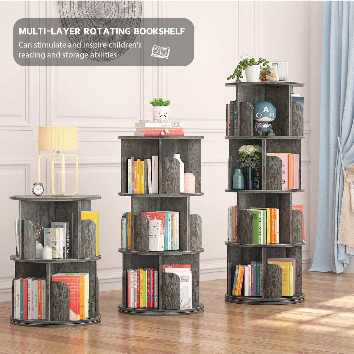 Aheaplus 360° Rotating 4-Tier Corner Bookshelf - Space-Saving Black Bookcase for Small Rooms Aheaplus