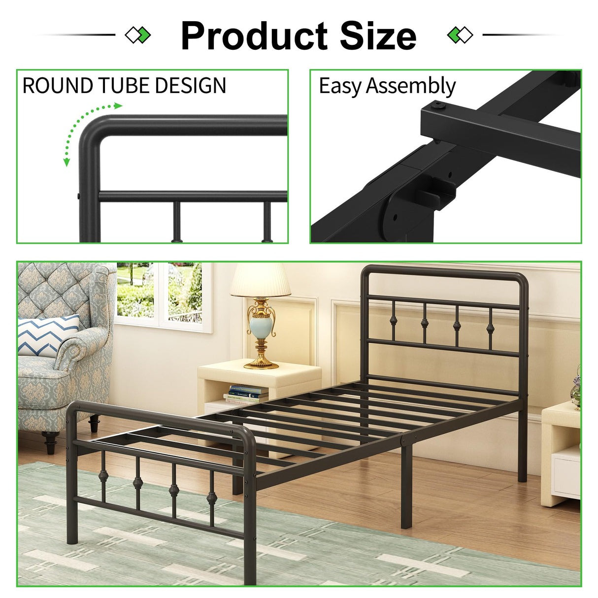 EMODA 16 Inch Twin Bed Frames with Headboard and Footboard, Heavy Duty Twin Platform Bed, Metal Slats Support Mattress Foundation, No Box Spring Needed, Easy Assembly EMODA