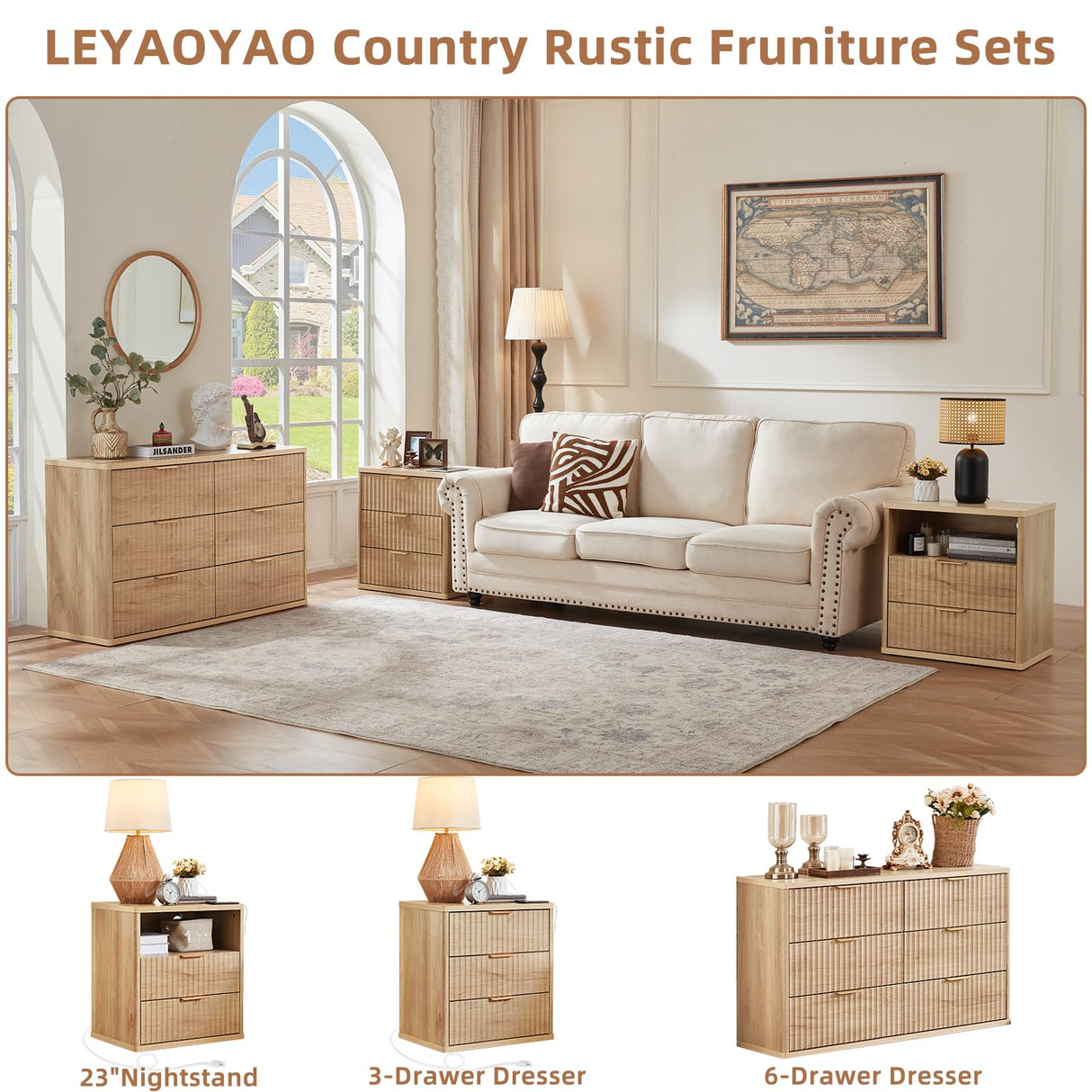 LEYAOYAO 23" Wide Fluted Farmhouse Night Stand Set of 2 with Charging Station, 3 Drawers Large End Table w/Metal Handle, Natural Nightstand Bedside Table,Wood Dresser for Bedroom, Closet LEYAOYAO
