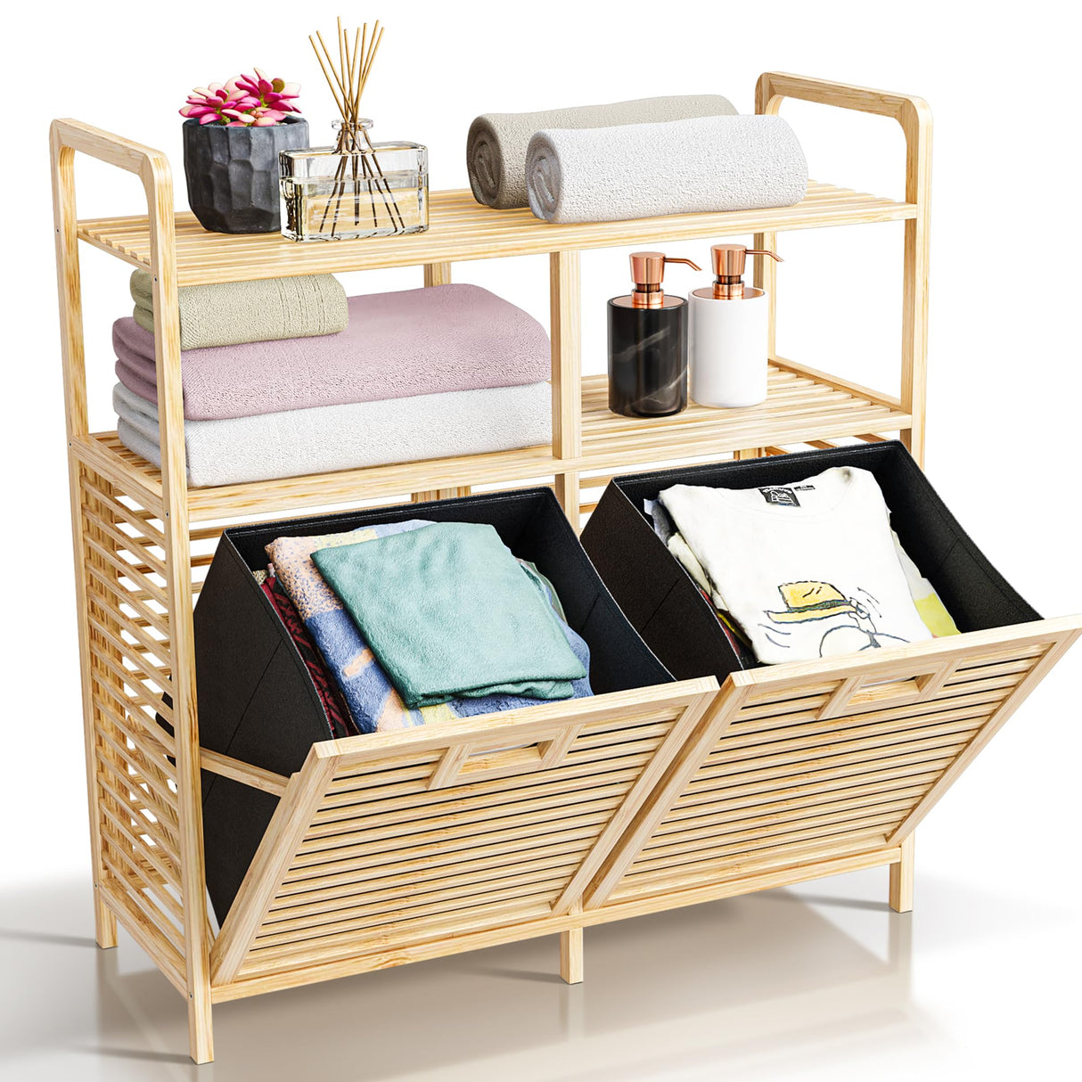 TidyHub Double Tilt Out Laundry Hamper with Shelf - Durable Bamboo Hamper with 2 Removable Laundry Liner Fabrics, Easy Grab Handle & Manual - Pull Out Laundry Hamper Cabinet for Clothes Towels Toys TidyHub