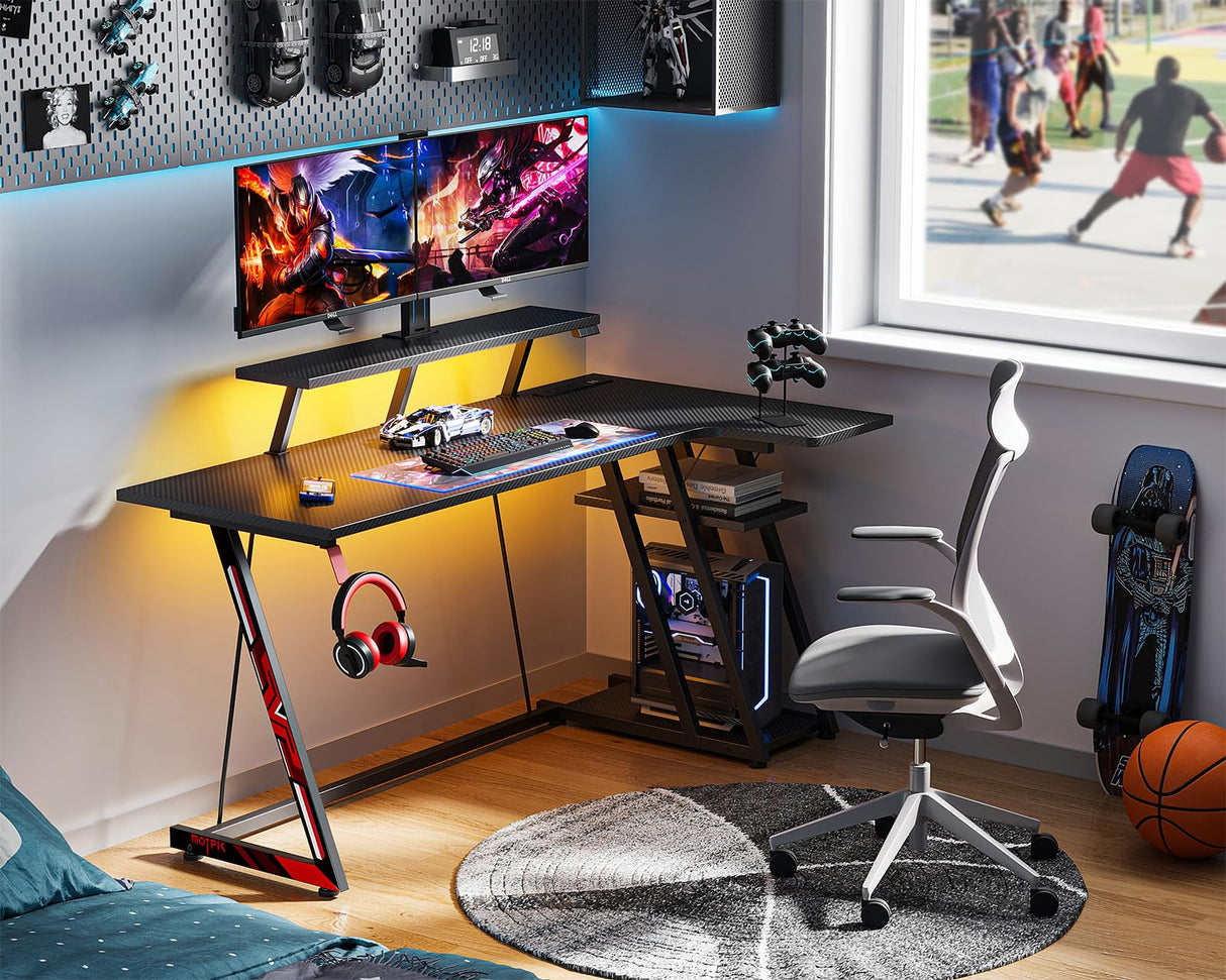 MOTPK Gaming Desk with LED Lights & Power Outlets, 55 Inch L Shaped Gaming Computer Desk with Storage Shelf, Gamer Desk with Monitor Stand, PC Gaming Table with Carbon Fiber Texture, Black MOTPK