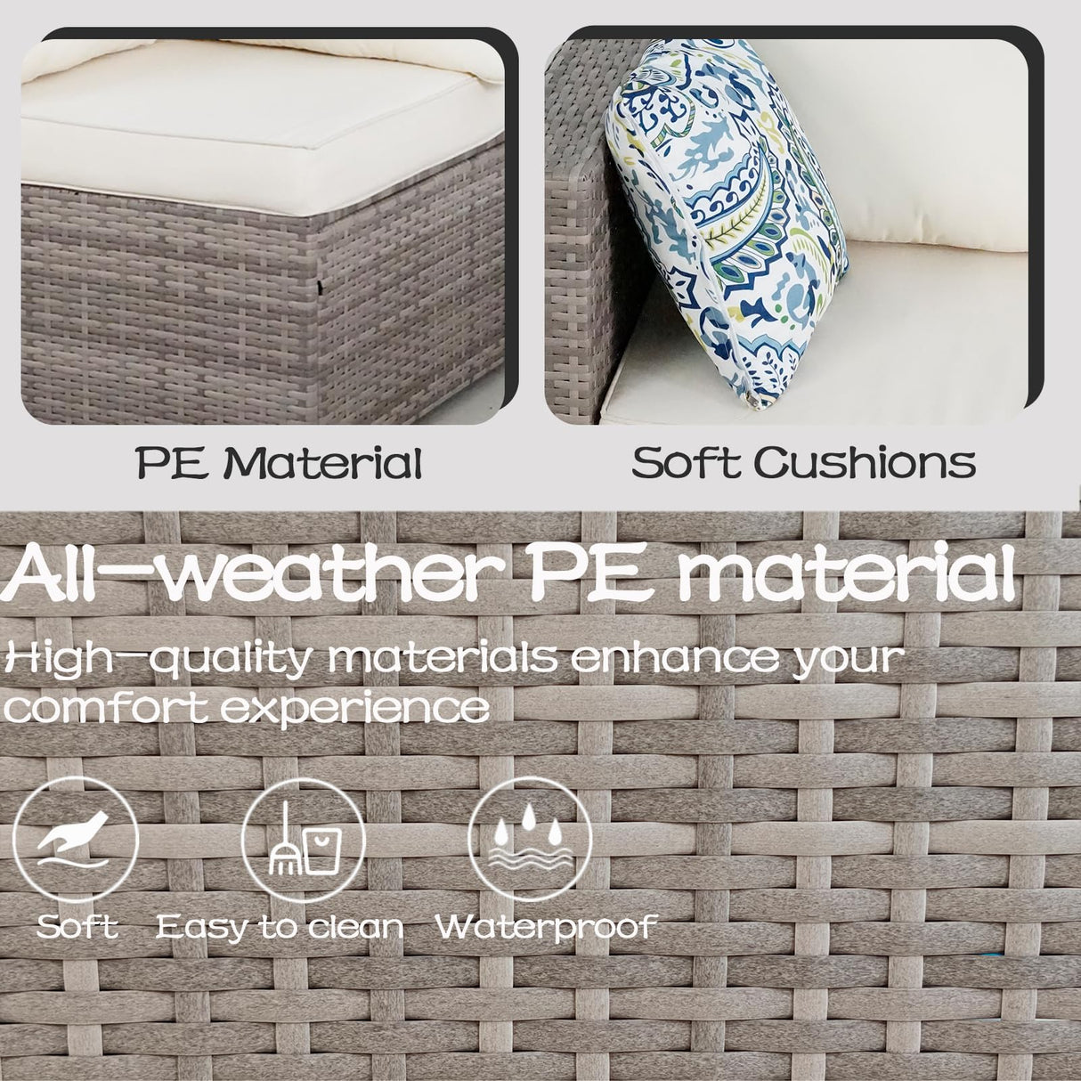 7 Pieces Outdoor Wicker Rattan Patio Furniture Sectional Set, Outdoor Furniture Sectional Sofa with Soft Cushion and Tempered Glass Table for Garden, Backyard, Balcony, Poolside, Grey and Beige BRRYIN