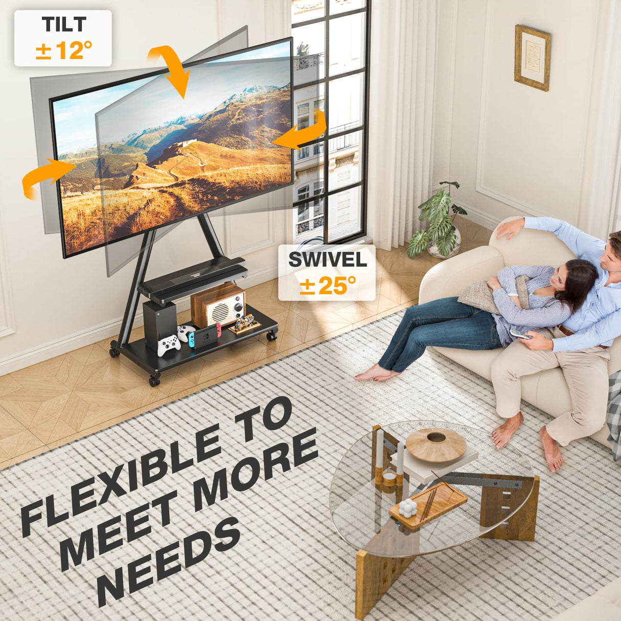 TVON Rolling TV Stand for 43-80" TVs up to 150lbs, Portable TV Stand on Wheels with Enhanced Triangular Design, Height Adjustable Mobile TV Stand with Swivel/Tilt/Dual Shelves for Indoor/Outdoor Use TVON