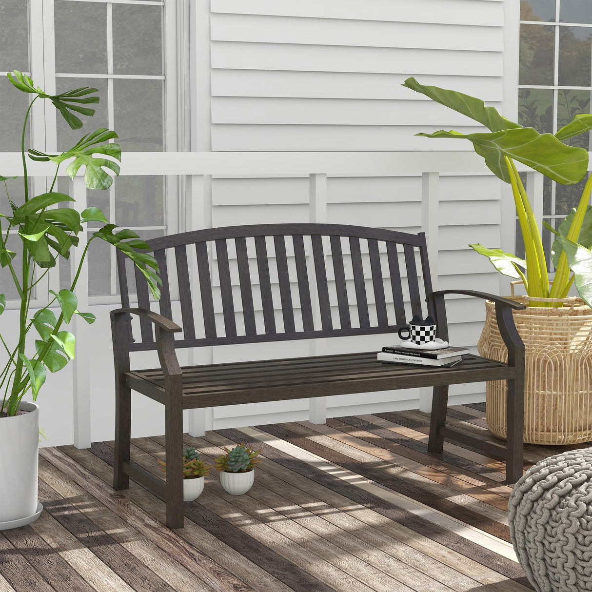 Outsunny 46" Brown Metal Garden Bench with Wood-Look Slatted Frame for Patio and Yard Outsunny