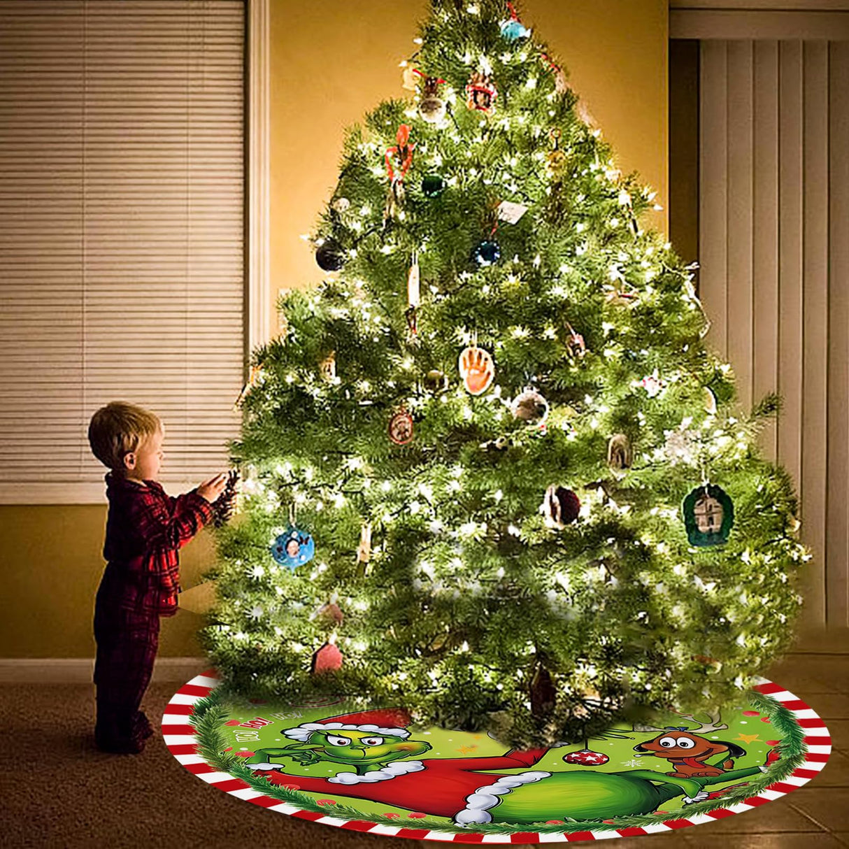 48 Inch Christmas Tree Skirt - Soft and Funny Farmhouse Christmas Tree Collar with Red & Green Trim Decor Xmas Holiday Decoration (Style A) Bpwasxda