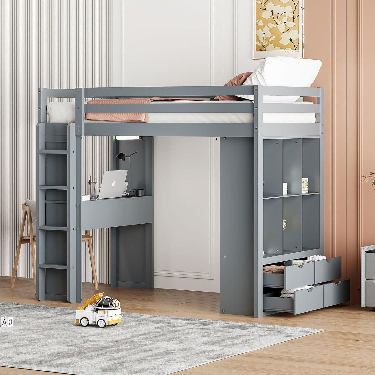 Harper & Bright Designs Twin Size Loft Bed with Desk & Storage Shelves, Wood Loft Bed Twin Size with LED Lights, Hight Loft Bed Frame for Kids,Boys,Girls,Teens, Gray Harper & Bright Designs