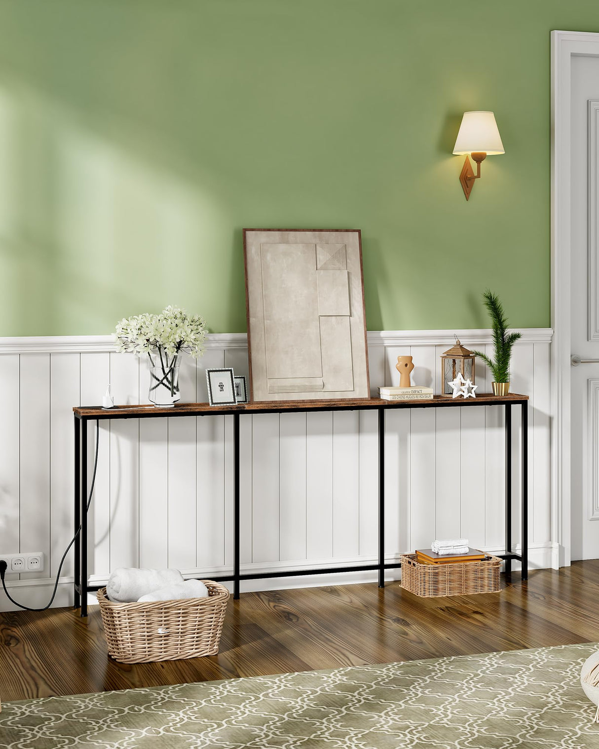 CHOEZON 70.9" Narrow Console Table with Power Outlet 7.1" Skinny Sofa Table, Long Behind Couch Table with Charging Station, Entryway Table for Hallway, Living Room Rustic Brown and Black TXG18UBF CHOEZON