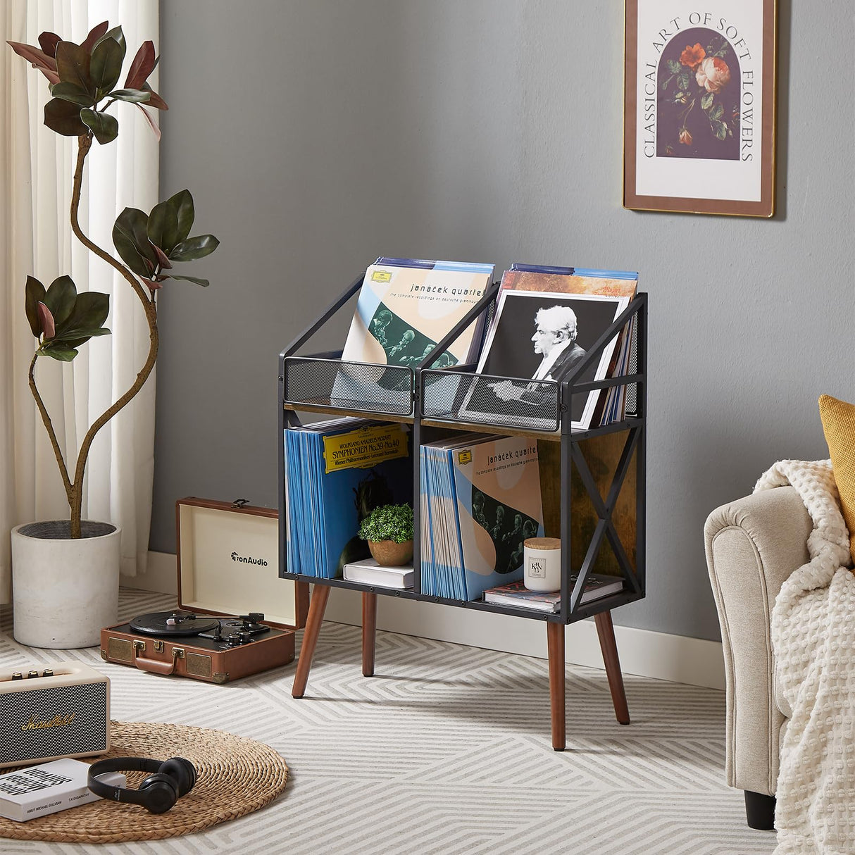 EYOCAL Vinyl Record Storage Holder Rack,250 LP Wooden Record Display Table for Albums Books Magazines Files for Living Room Bedroom Patent Pending EYOCAL