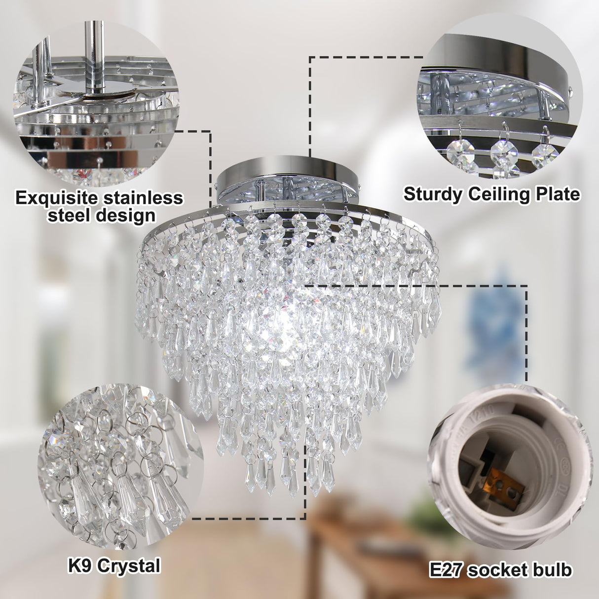 FRIXCHUR 11.8" Crystal Chandelier Chrome Flush Mount Ceiling Light 5 Tiers Raindrops Silver Chandeliers for Bedroom Hallway Living Room,E26 Base FRIXCHUR