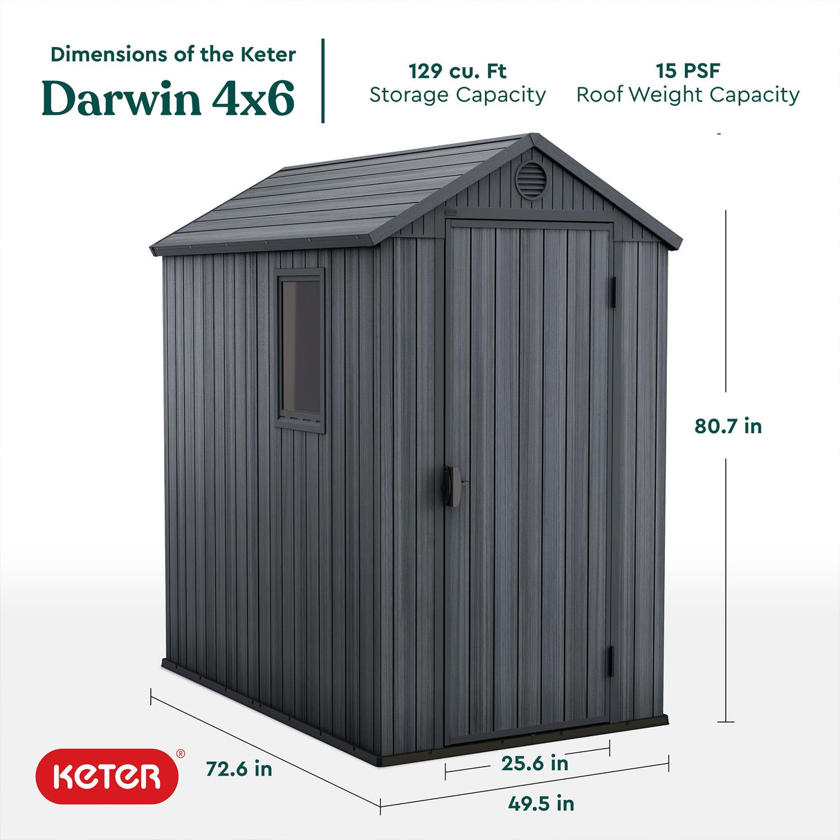 Keter Darwin 4 Ft x 6 Ft Outdoor Garden Tool Storage Shed Durable Resin Organizer with Window, Lockable Door and Built-in Ventilation, Graphite Gray Keter