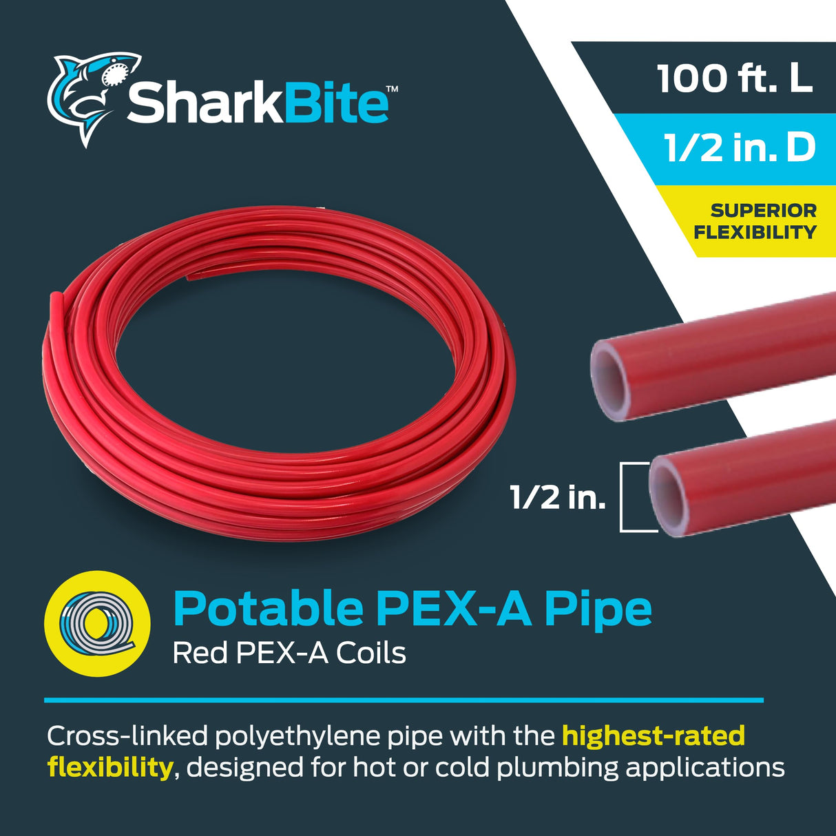 SharkBite 1/2 Inch x 100 Feet Red PEX-A, PEX Pipe Flexible Water Tubing for Plumbing, UA60R100 SharkBite