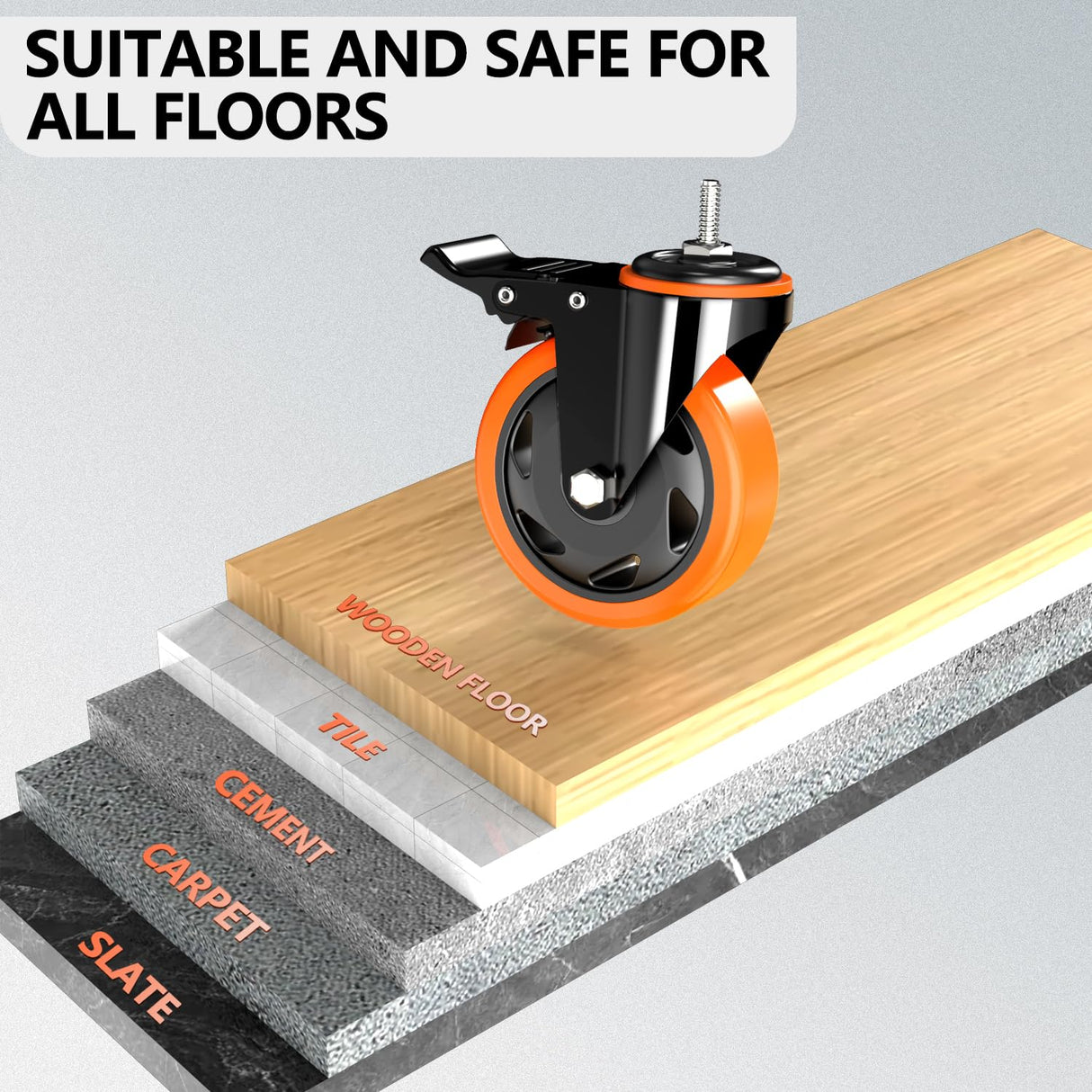 Stem Caster Wheels 4 inch Locking Threaded Stem Casters Set of 4 Heavy Duty, 1/2"-13 x 1(Stem Diameter 1/2",Stem Length 1"), No Noise Swivel Casters Industrial Castor Wheels for Cart, Furniture TAYLOON