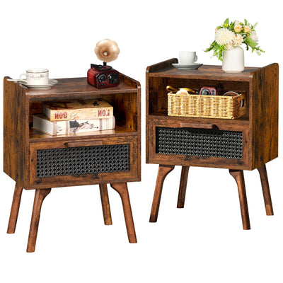 Lerliuo Rattan Nightstands Set of 2, Boho Side Table with Drawer Open Shelf, Cane Accent Bedside End Table with Solid Wood Legs for Bedroom, Dorm and Small Spaces (Brown)