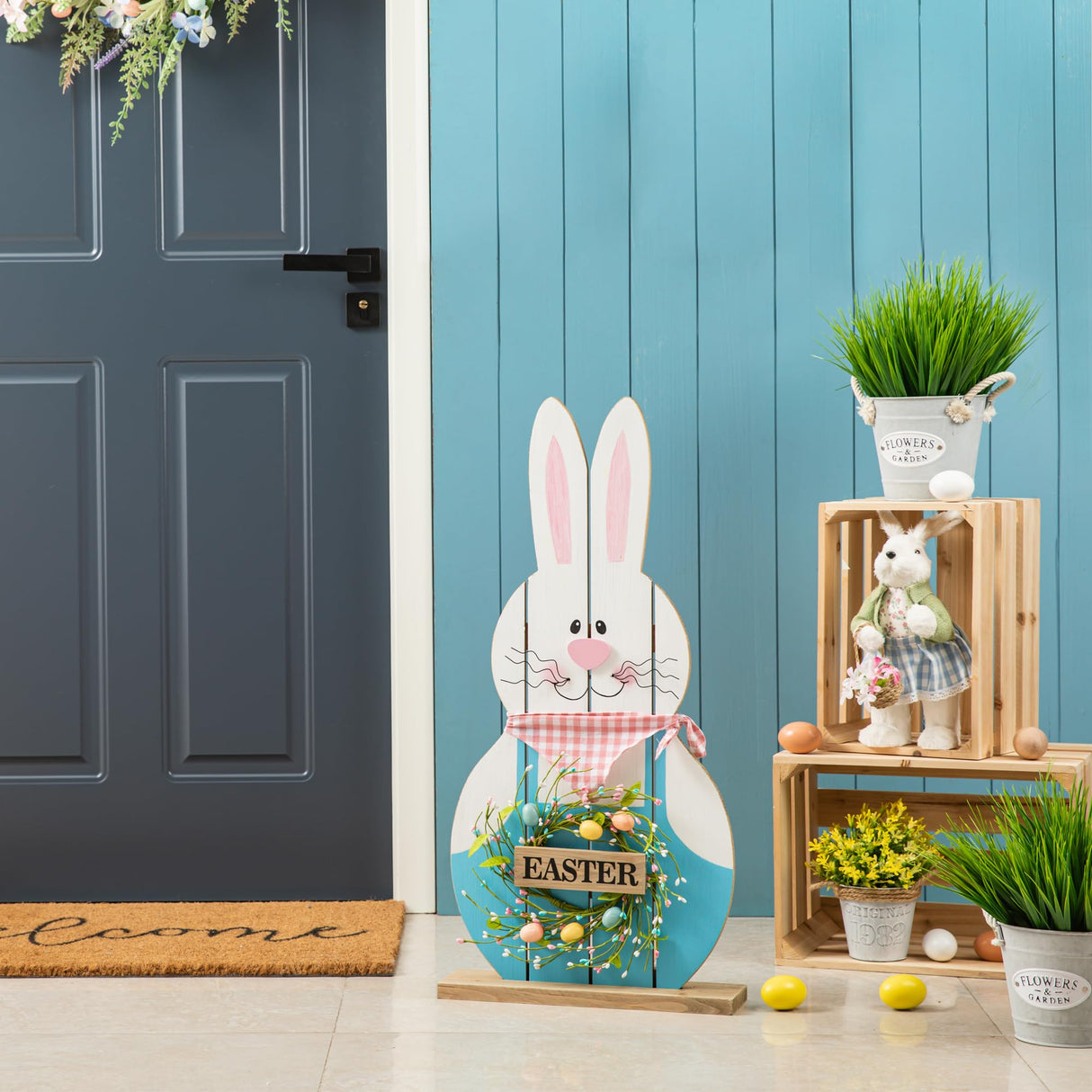 Glitzhome 30"H Easter Wooden Bunny Porch Decor,Standing Bunny Sign Decoration for Home or Yard glitzhome