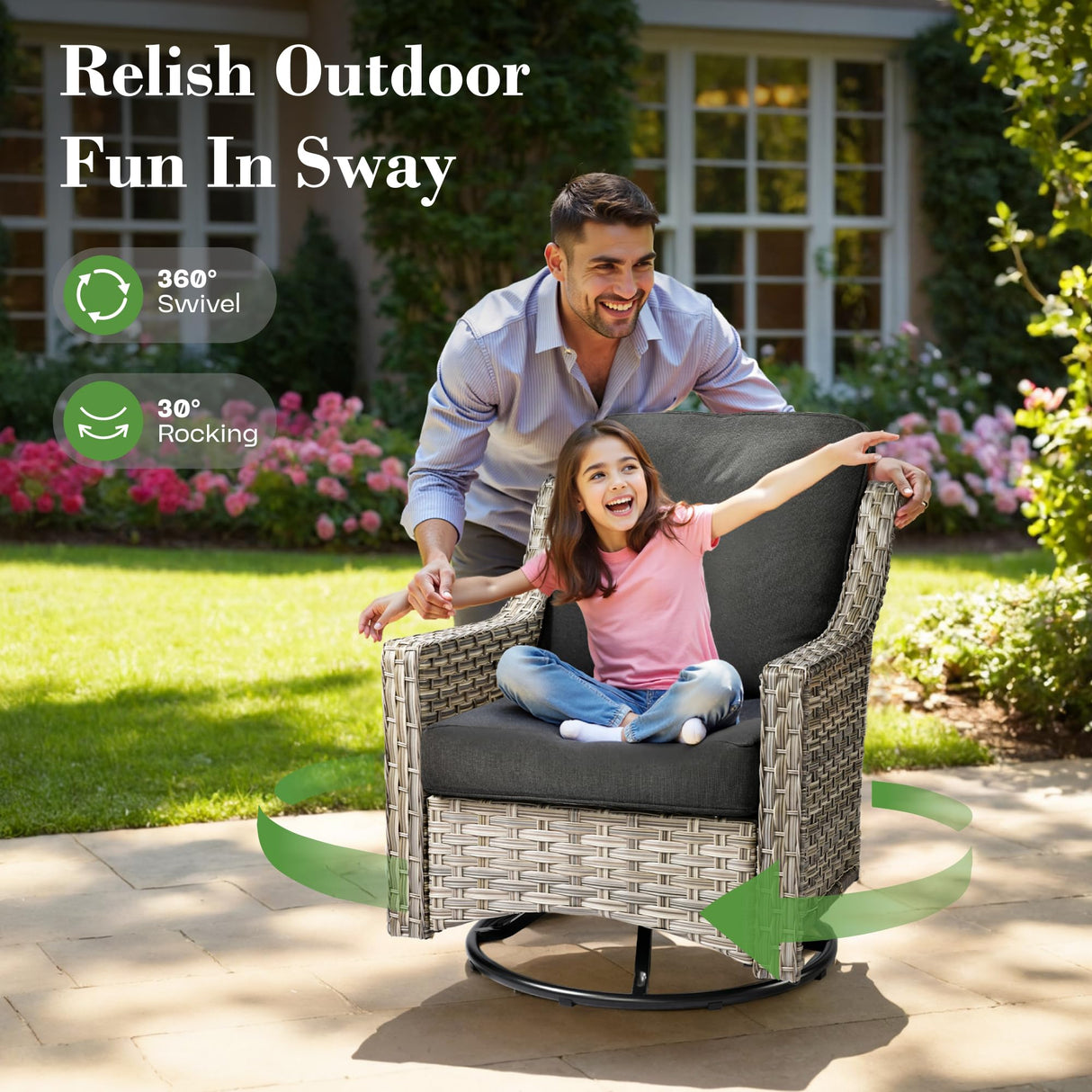 ovios Outdoor 7 Piece Patio Furniture with Fire Pit Table,Wicker Coversation Set with Swivel Rocking Chair,Comfy Sectional Deep Sofa with Ottoman for Outside Porch Balcony Backyard Pool,Black ovios