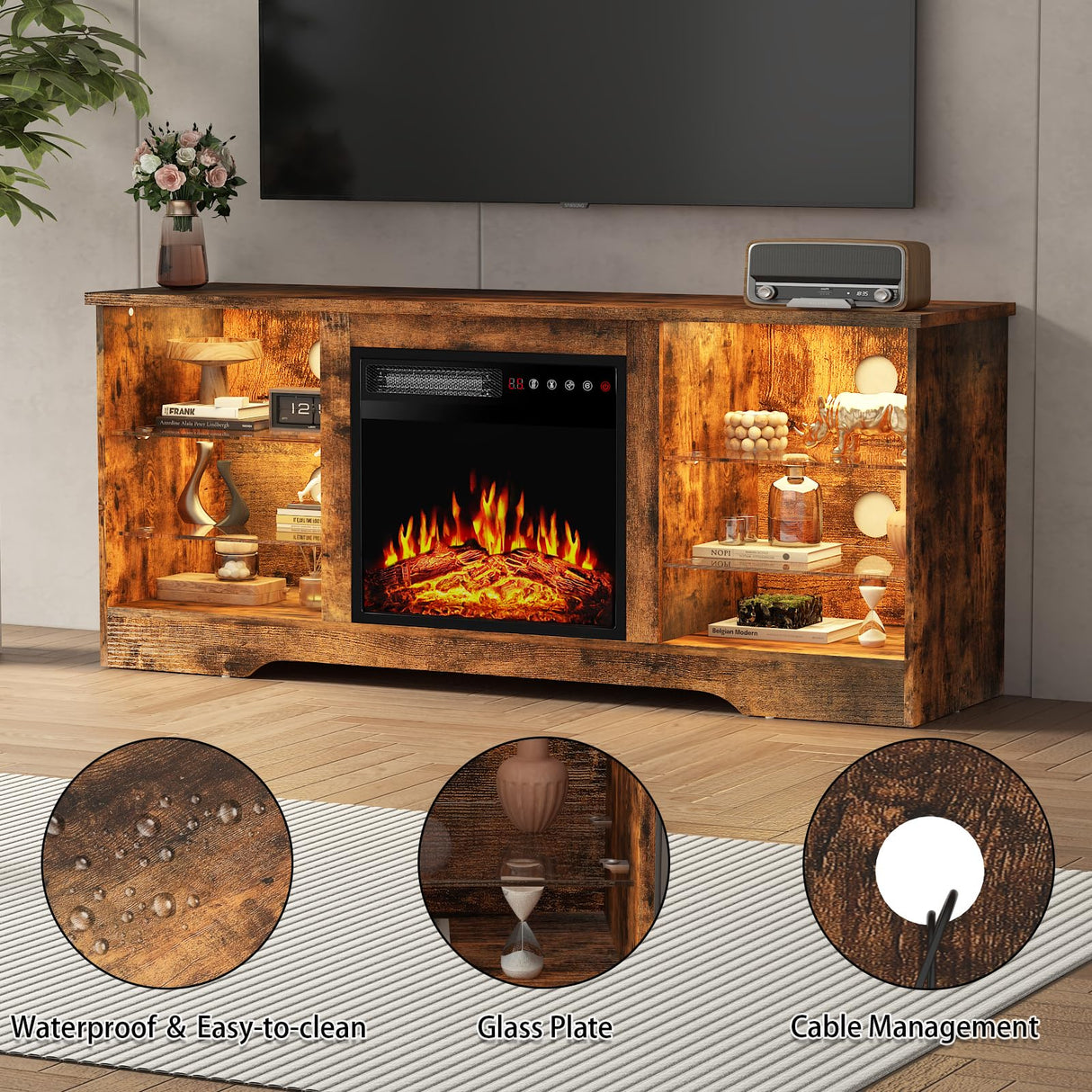 PRETZI Fireplace TV Stand -16 Colors LED Light Entertainment Center with 18" Electric Fireplace Heater & Remote Control,58" TV Media Console with Glass Shelves and Storage for Living Room,Brown PRETZI