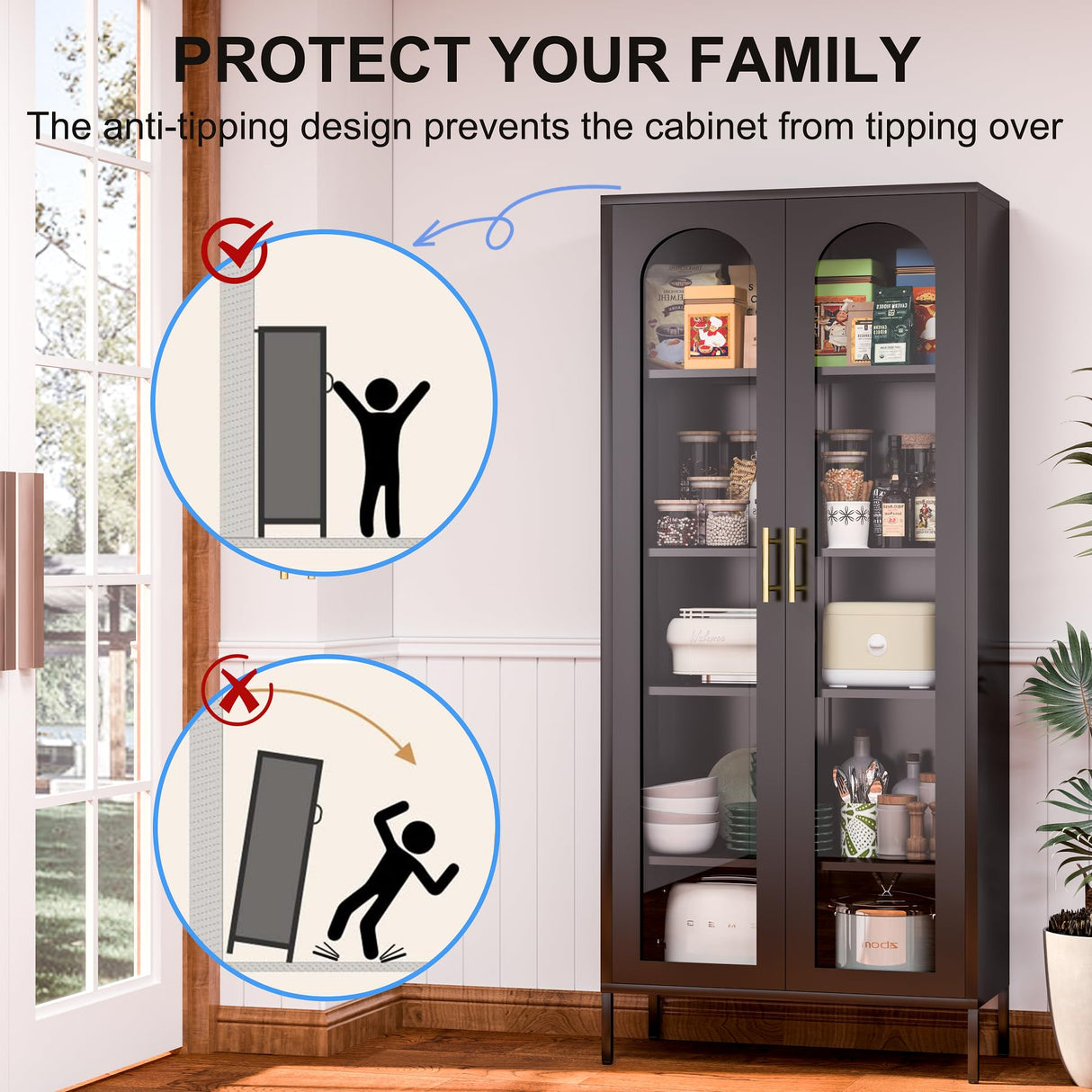 RGGCABINET Display Cabinet, Metal Curio Cabinets with Glass Doors, Black Kitchen Pantry Cabinet, 71" Tall Storage Cabinet with Adjustable Shelves, Lego Glass Cabinet for Dining Room, Home Office RGGCABINET