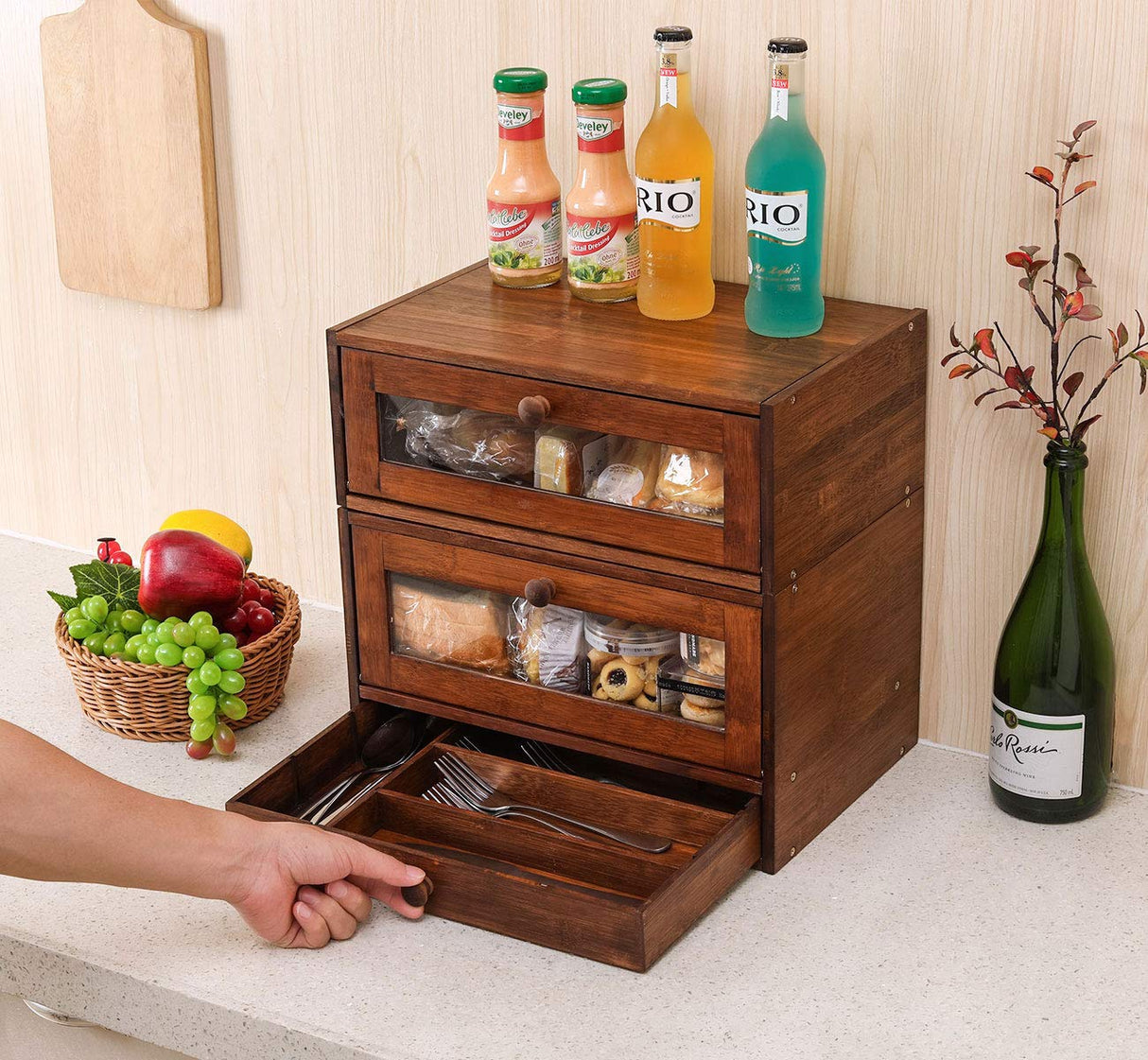 IZLIF Bread Box for Kitchen Countertop Removable 2 Shelf Natural Bamboo Bread Storage Container Bread Keeper with Clear Windows and Utensil Flatware Holder,Brown IZLIF