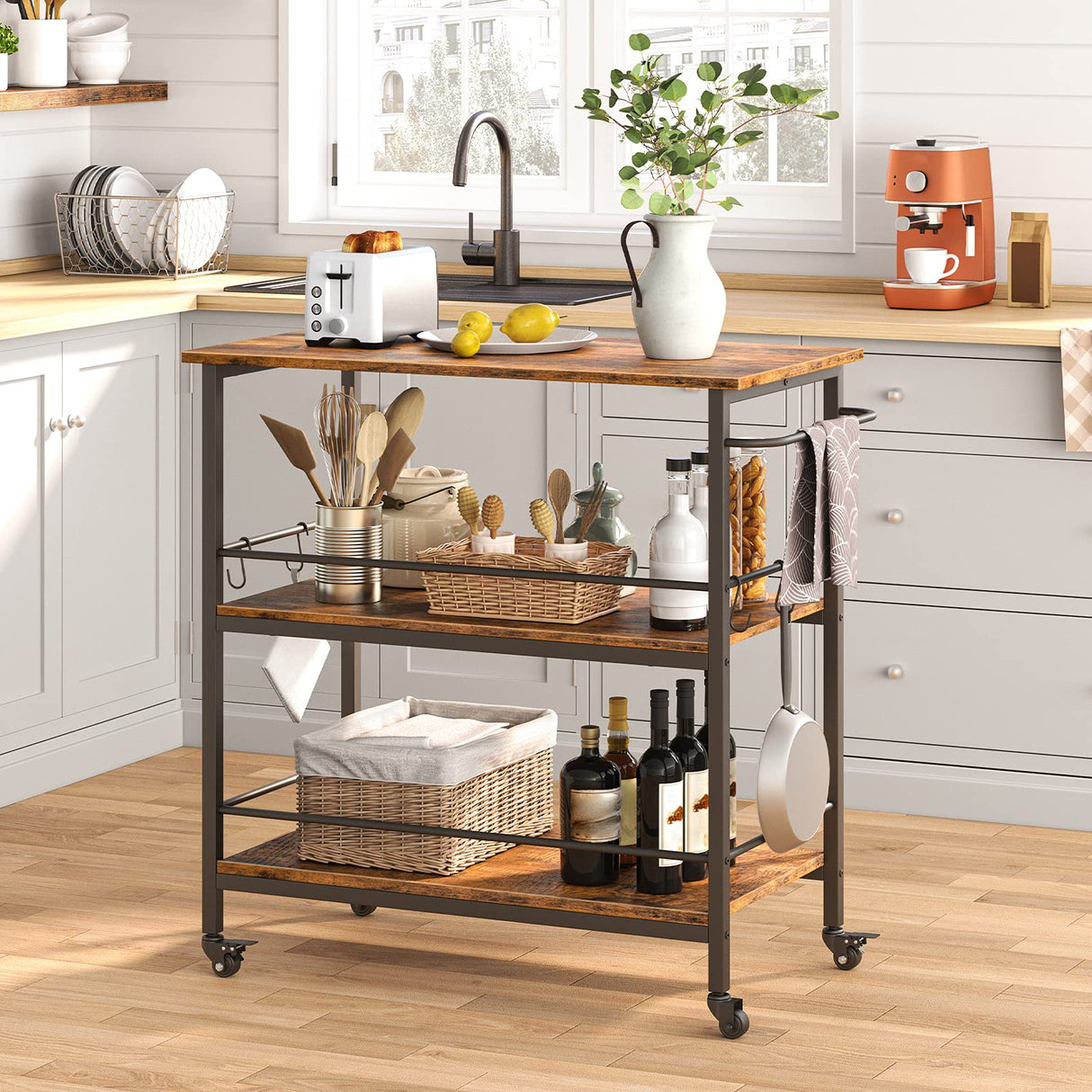 HOOBRO Kitchen Island with Storage,Industrial Kitchen Counter with Hooks and Side Enclosures, 3 Tier Kitchen Cart with Large Workstation, Saving Space, Easy Assembly, Rustic Brown and Black BF03ZD01 HOOBRO
