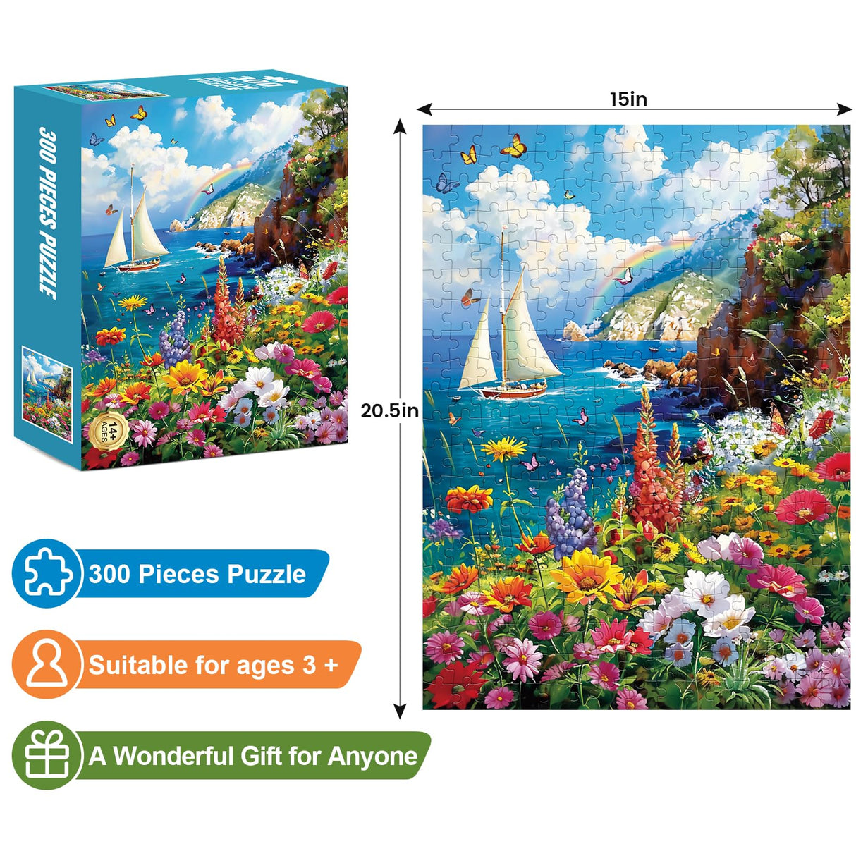 300 Pieces Puzzles for Adults–Colorful Garden By The Ocean Puzzle for Adults Children Elderly–Recycled Paper Puzzle 300 Pieces–Glossy, Sturdy Pieces Challenging Family Game Great Gift Idea (20.5x15in) Edsjegn