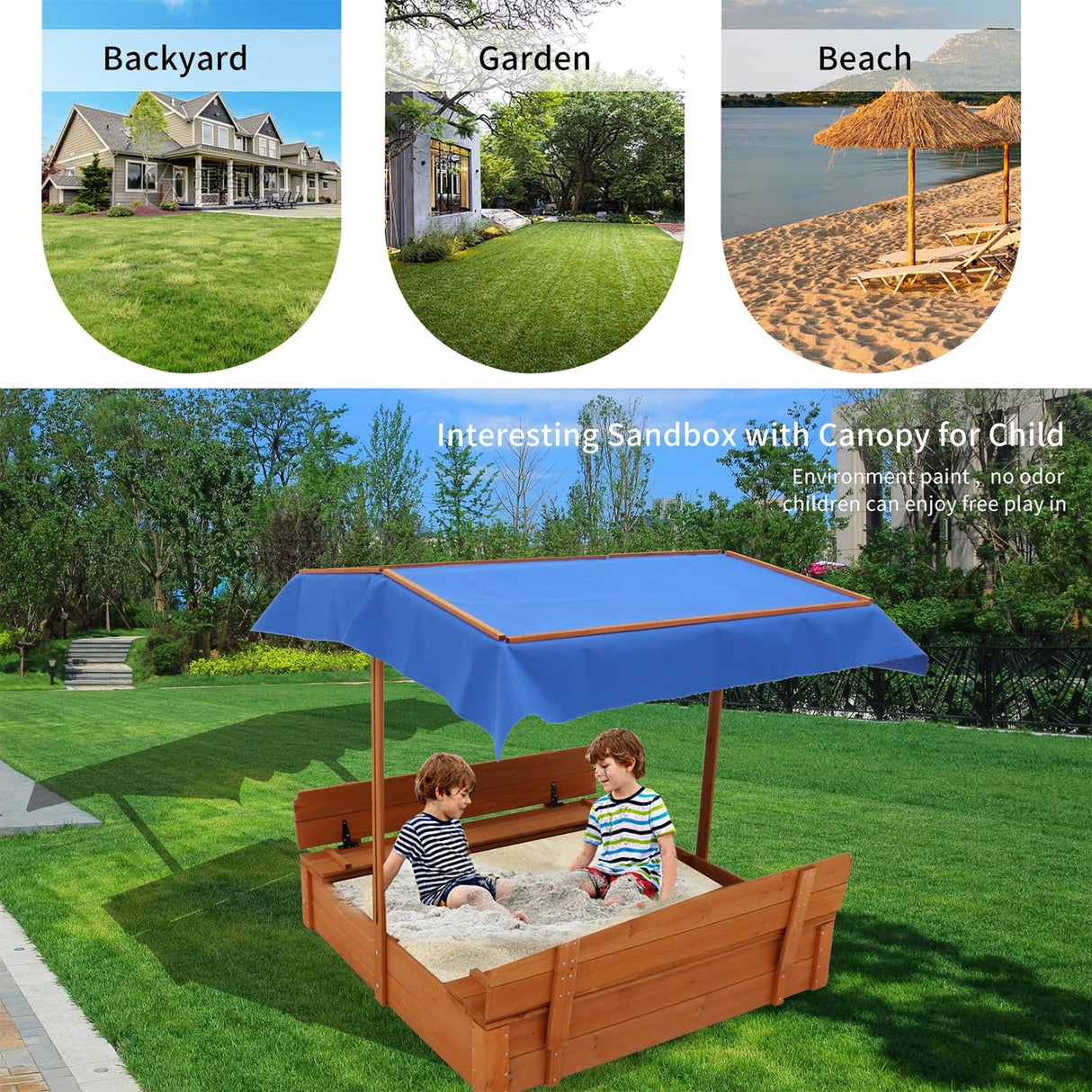 Wooden Cedar Sand Box, Large Kids Sand Boxes with Adjustable Canopy, 2 Foldable Bench Seats, Sand Protection, Bottom Liner, Sand Boxes for Backyard Garden, Sand Pit for Beach Patio Outdoor (47 Inch) AMZOSS