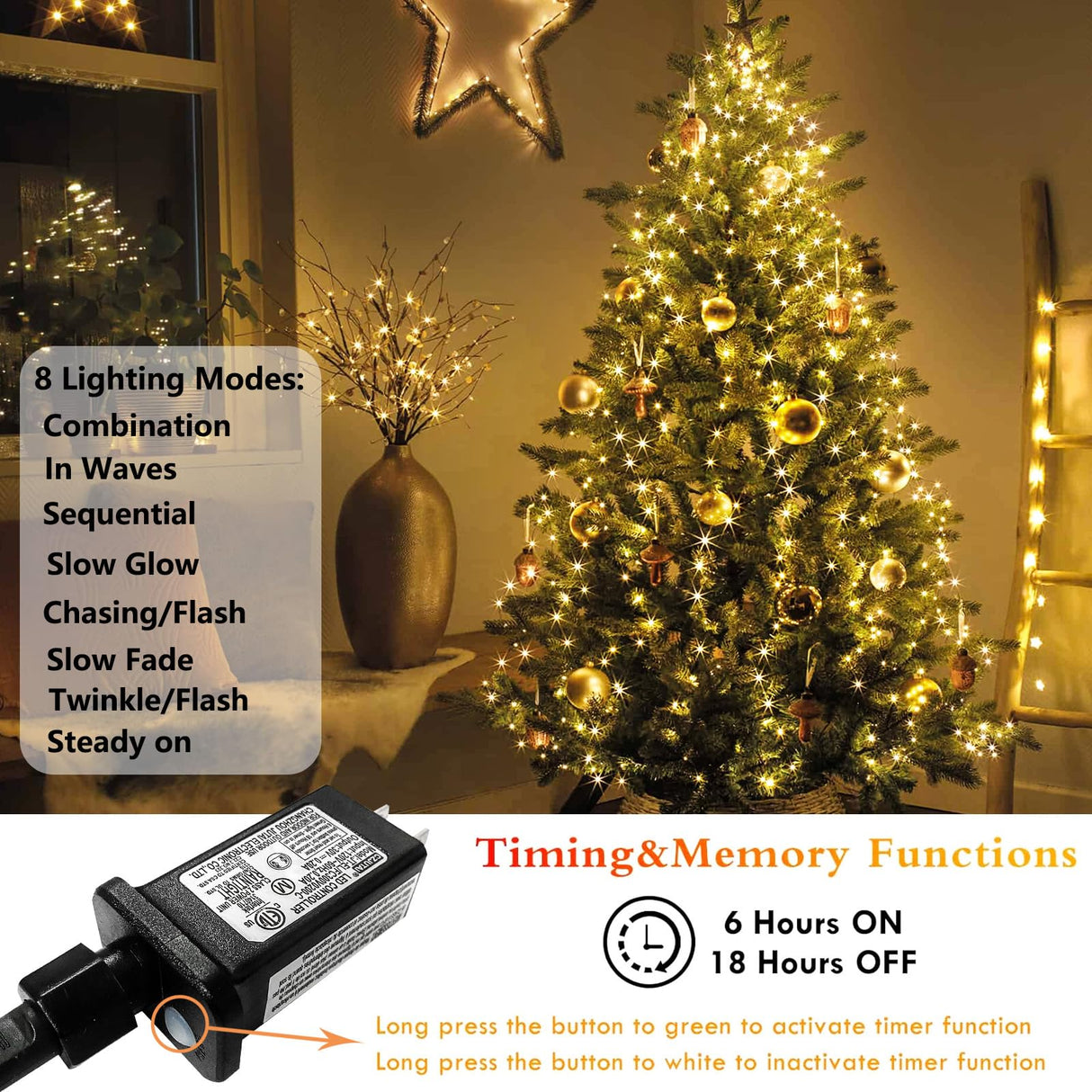 Christmas Tree Lights Indoor Outdoor, 280 LED Christmas String Lights 6.6FT x 8 Lines with 8 Modes & Timer, Waterproof Twinkle Lights Plug in for 6FT- 8FT Xmas Tree Christmas Decoration (Warm White) EXF