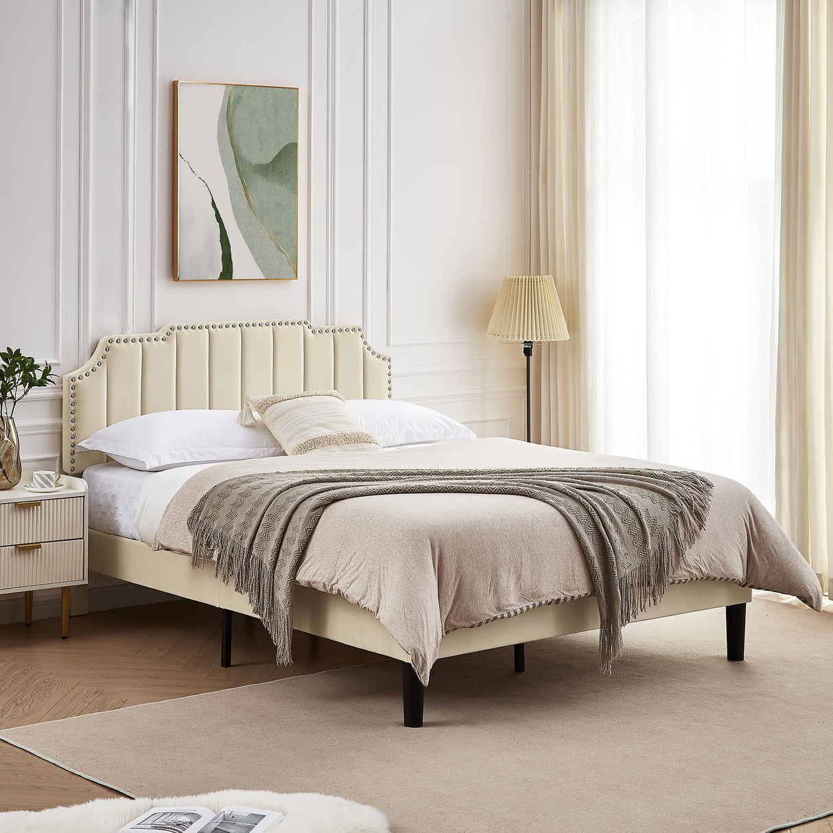 VECELO Full Upholstered Platform Bed Frame with Tufted Adjustable Headboard/Mattress Foundation/Wood Slat Support,Easy Assembly,Beige VECELO