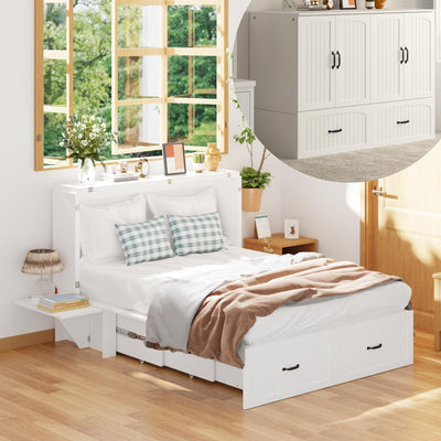 ECACAD Full Size Murphy Bed with Built-in Nightstands, Space-Saving Foldable Bed Cabinet with Large Drawer, 2-in-1 Bed Frame for Bedroom Guest Room, White