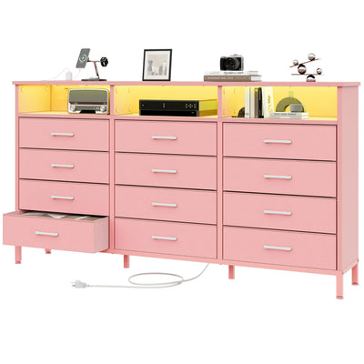 Dresser for Bedroom Bedroom Pink Dresser with LED Lights and Charging Station, 12 Long Fabric Drawers Dressers, Tall Wide Chest of Drawers Storage Organizer TV Stand for up to 65" TV for Living Room