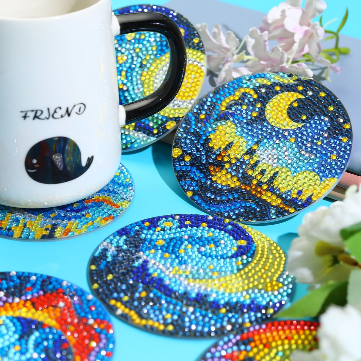 8 PCS Moon Diamond Art Coasters Kits, Diamond Painting Coasters with Holder Set of 8, DIY Drink Coasters Art Crafts Supplies for Adults Cup Mat for Home Decor House Warming Gifts Non-Slip 3.9inch FOXKISS