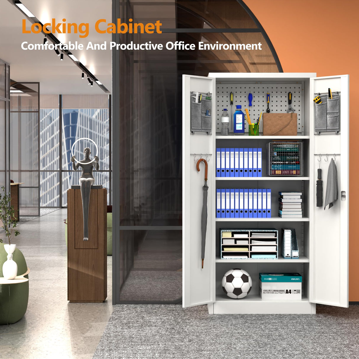 GLADIW Garage Storage Cabinet, Metal Storage Cabinet with Lockable Doors and 5 Adjustable Shelves, Tool Cabinet with Pegboard for Garages, Offices and Tool Rooms, Gray GLADIW