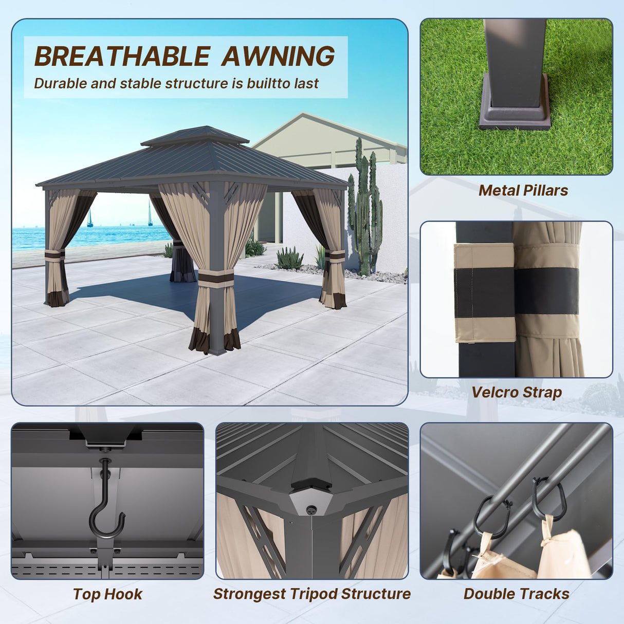 Gotland 12' x 14' Khaki Hardtop Gazebo with Curtains and Netting, Double Roof Iron Metal Pergola for Patio, Garden, Lawn Gotland