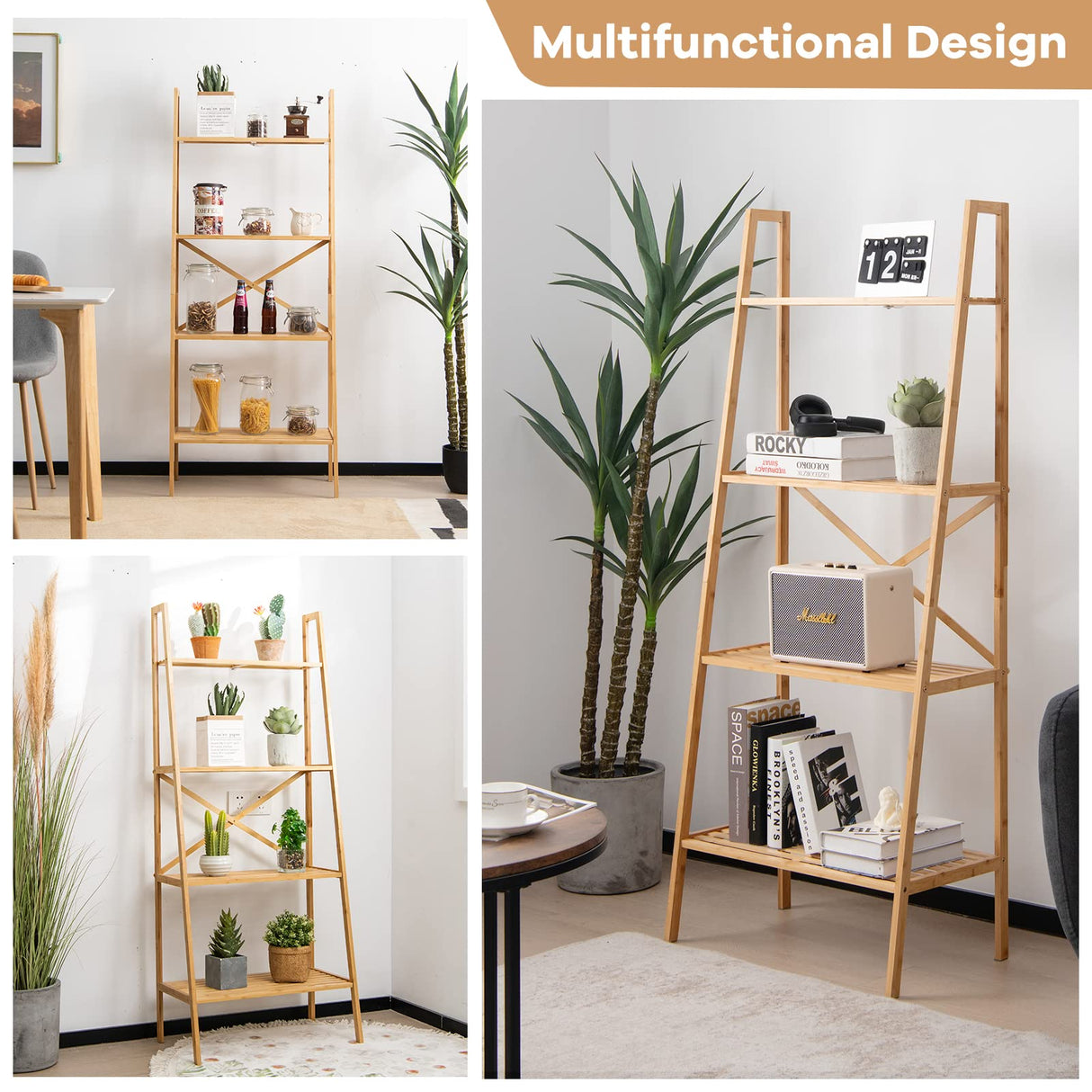Giantex 4-Tier Bamboo Bookshelf, Multifunctional Storage Display Rack Shelves with Anti-Tipping Device, Natural Bamboo Ladder Shelf for Home Office Kitchen Bathroom Giantex