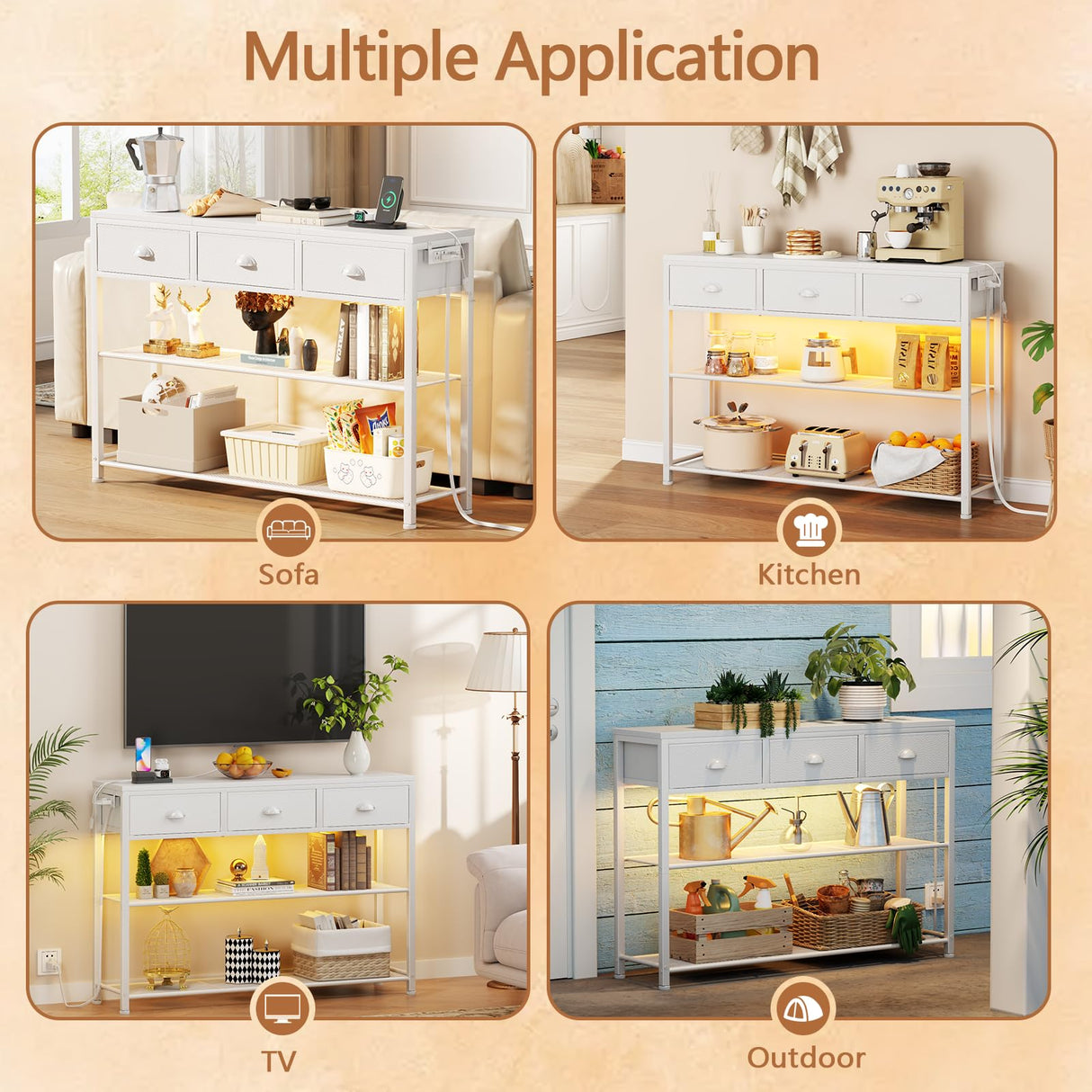 Furologee 38in Console Table with 3 Drawers, Small Sofa Table with Lights and Power Outlets, Hallway Tables with 3-Tier Shelves, White Narrow Console Table for Entryway, Living Room, Couch, Foyer Furologee