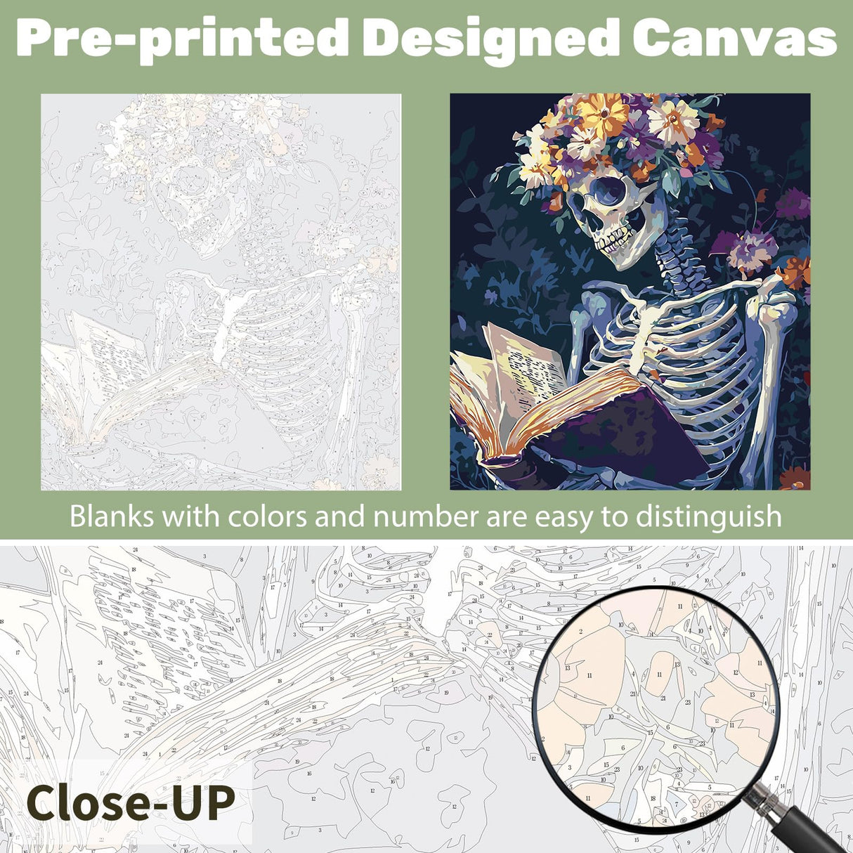 Ceiomez DIY Skull Paint by Numbers Kit for Adults, Skeleton Paint by Numbers for Adults, Halloween Adult Paint by Number Kits on Canvas for Home Decor Gift Art Work 16x20in Ceiomez