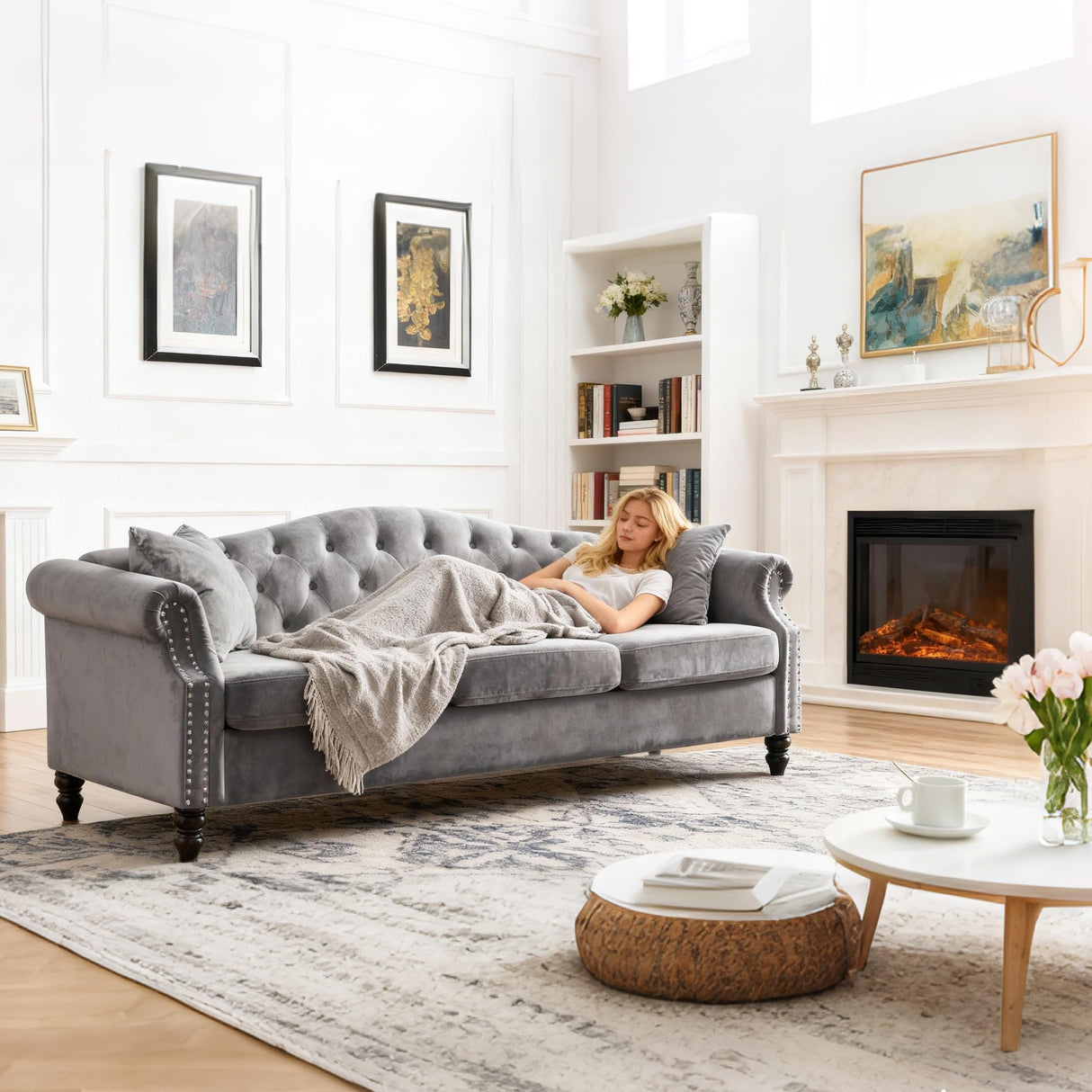 ATUMON 79" Chesterfield Velvet Couch for Living Room, 3-Seater Tufted Sofa with Rolled Arms Nailhead & Two Pillows for Bedroom, Office & Coffee Bar, Gray ATUMON