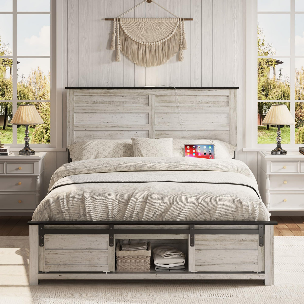 madeslves Wooden Bed Frame Full Size with Sliding Barn Door Storage Ca ...