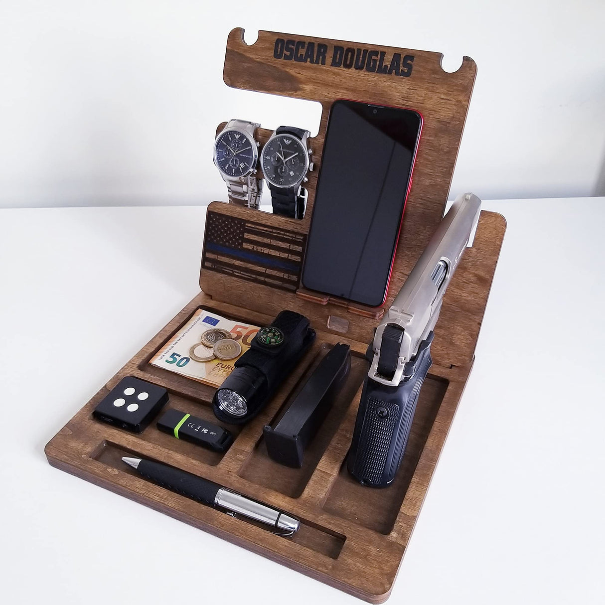 Personalized Wood Phone Docking Station Gun Key Holder Wallet Stand Watch Organizer Men Gift Husband Wife Anniversary Dad Birthday Nightstand Purse Father Graduation Gift Male Travel Idea Gadgets Generic