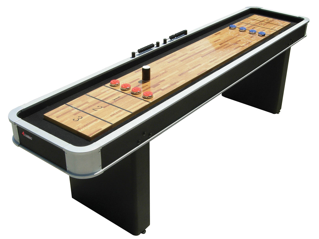 Atomic 9’ Platinum Shuffleboard Table with Poly-coated Playing Surface for Smooth, Fast Puck Action and Pedestal Legs with Levelers for Optimum Stability and Level Play Atomic