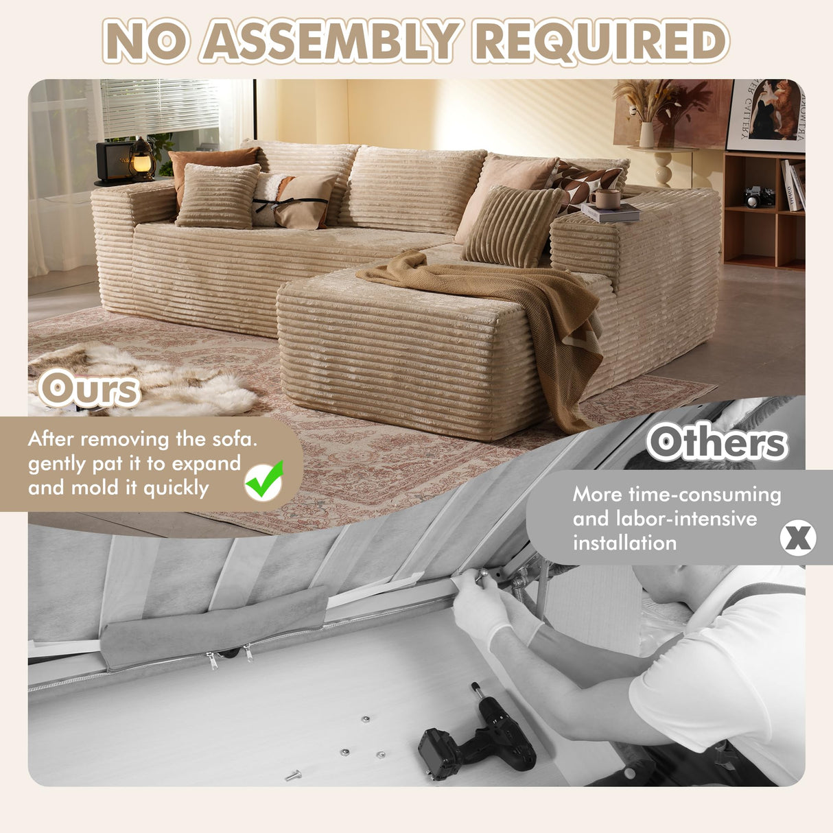 106" Cloud Sectional Couch with Chaise Longue,L Shaped Modular Modern Sofa,Comfy Corduroy Fluffy Couch with Deep Seat,No Assembly Required Couch for Living Room(Right,Plush Corduroy,Beige) weaxty W